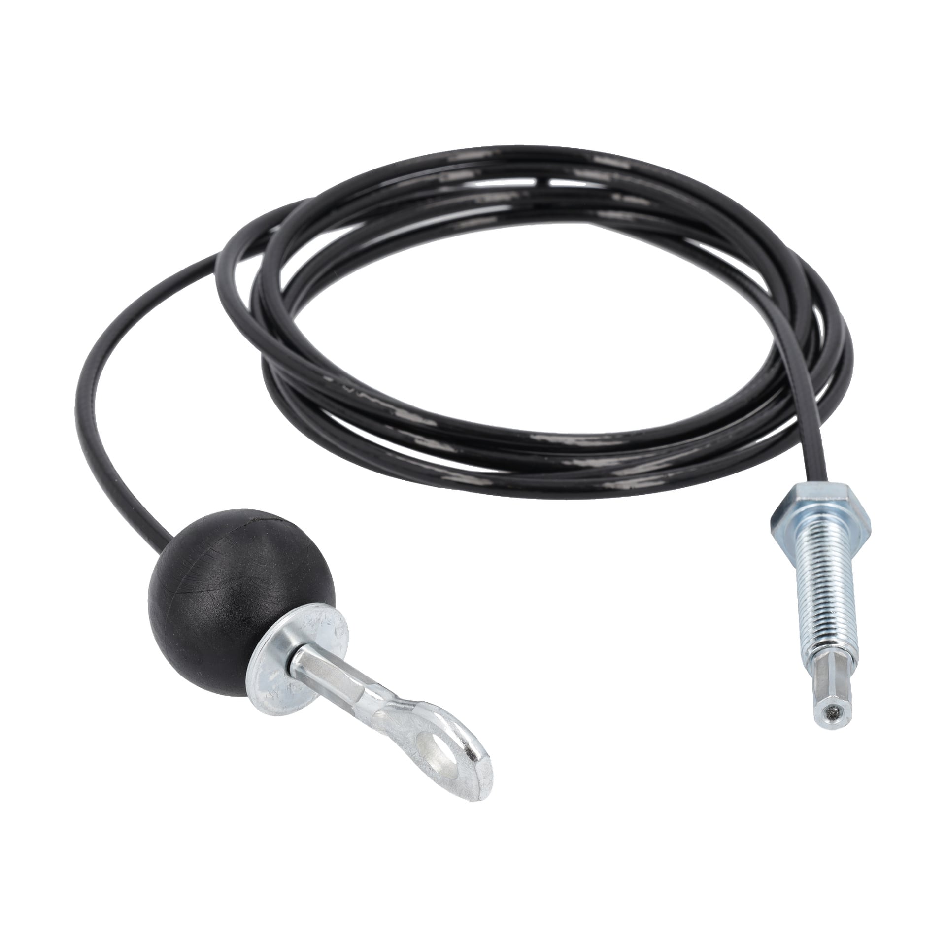 En svart kabel från Wires hemmagym har en metallgängad ände på ena sidan och en metallspets med en rund svart ratt på den andra.