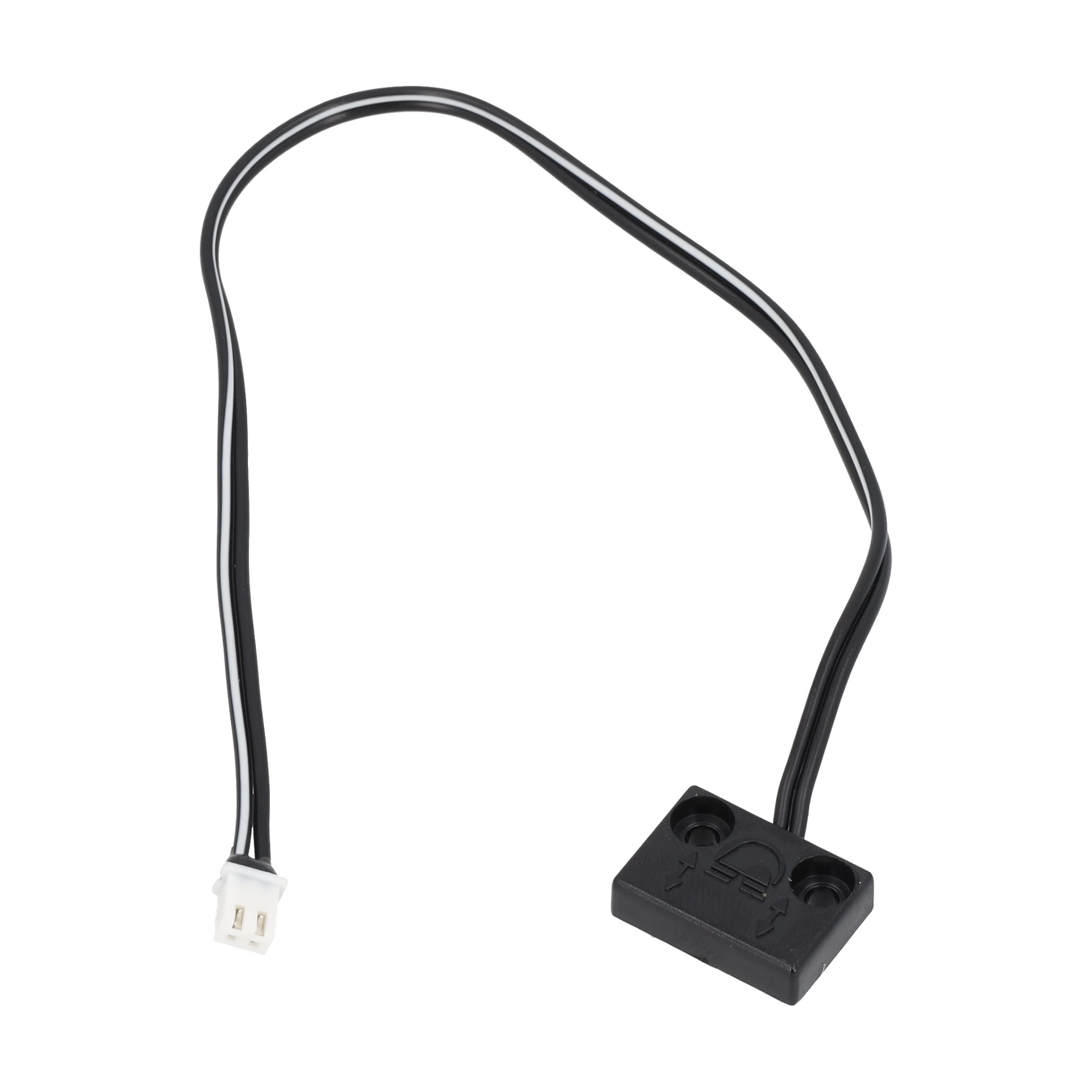 Sensor With Cable F. 003151 to, prostokątny czujnik z dwoma otworami na śruby, połączony z cienkim czarno-białym kablem zakończonym małym białym złączem.