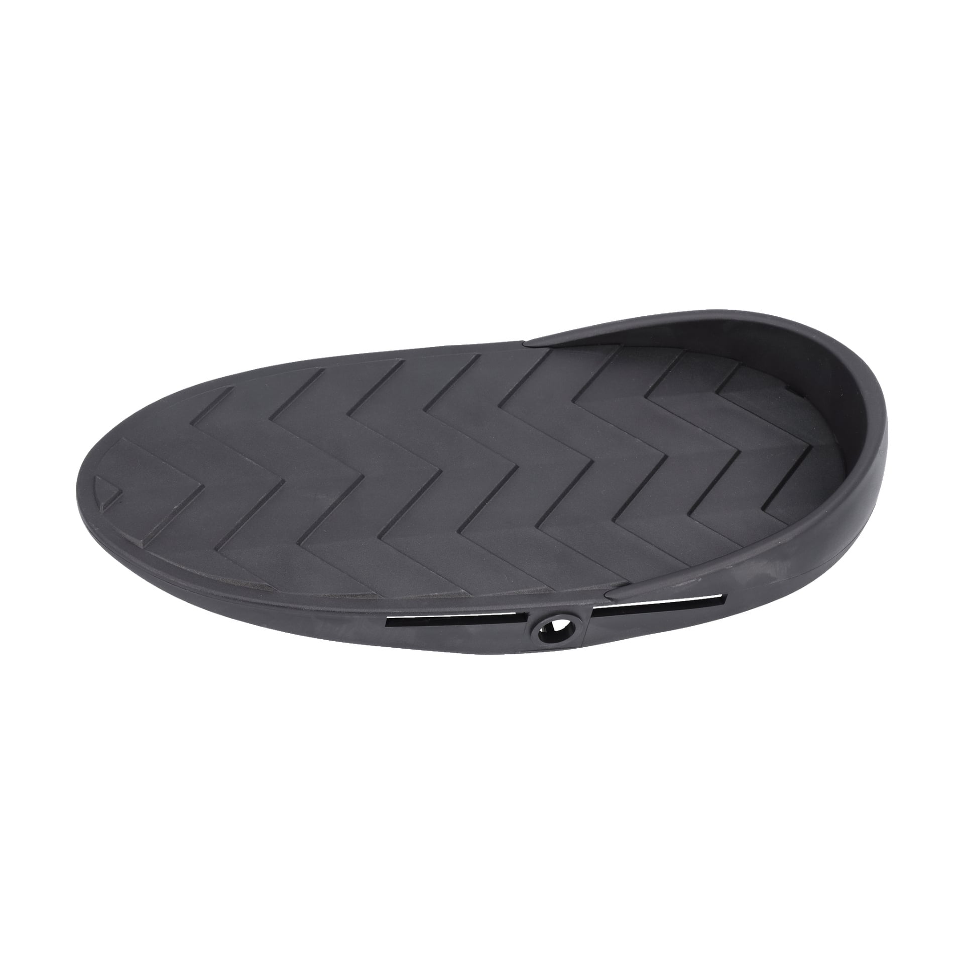En svart oval plastbricka med upphöjd kant och chevronmönster, inklusive ett litet runt hål och en springa på ena sidan, tillverkad för Pedal Rowing Machine.