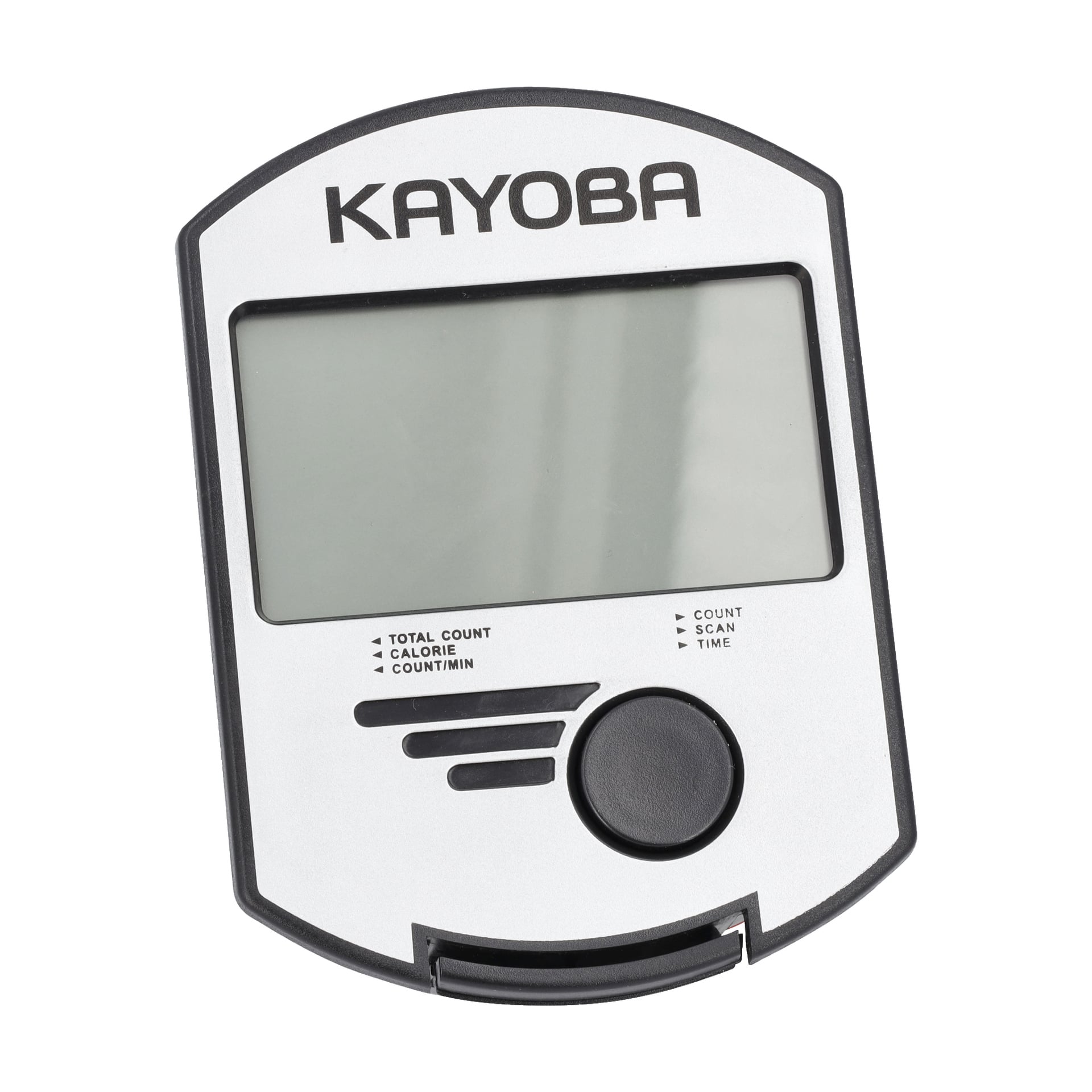 En datorroddmaskin märkt "KAYOBA" med en stor skärm, en rund svart knapp och indikatoretiketter som visar "total räkning", "kalorier", "räkning/min", "scanning" och "tid." Enheten är vit med svarta accenter.