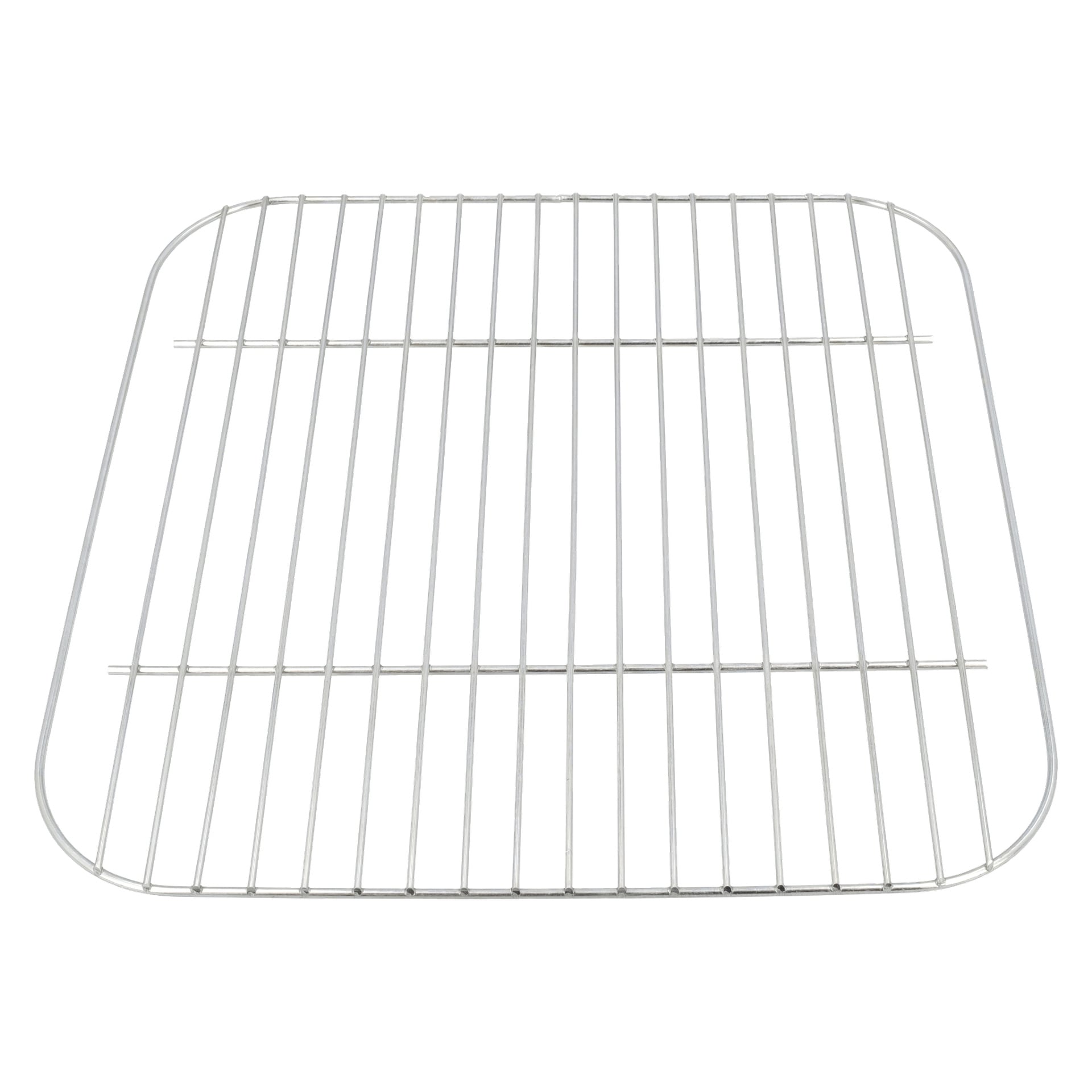 Grill węglowy z zaokrągloną, prostokątną metalową kratą, zaprojektowany z równomiernie rozmieszczonymi równoległymi prętami.