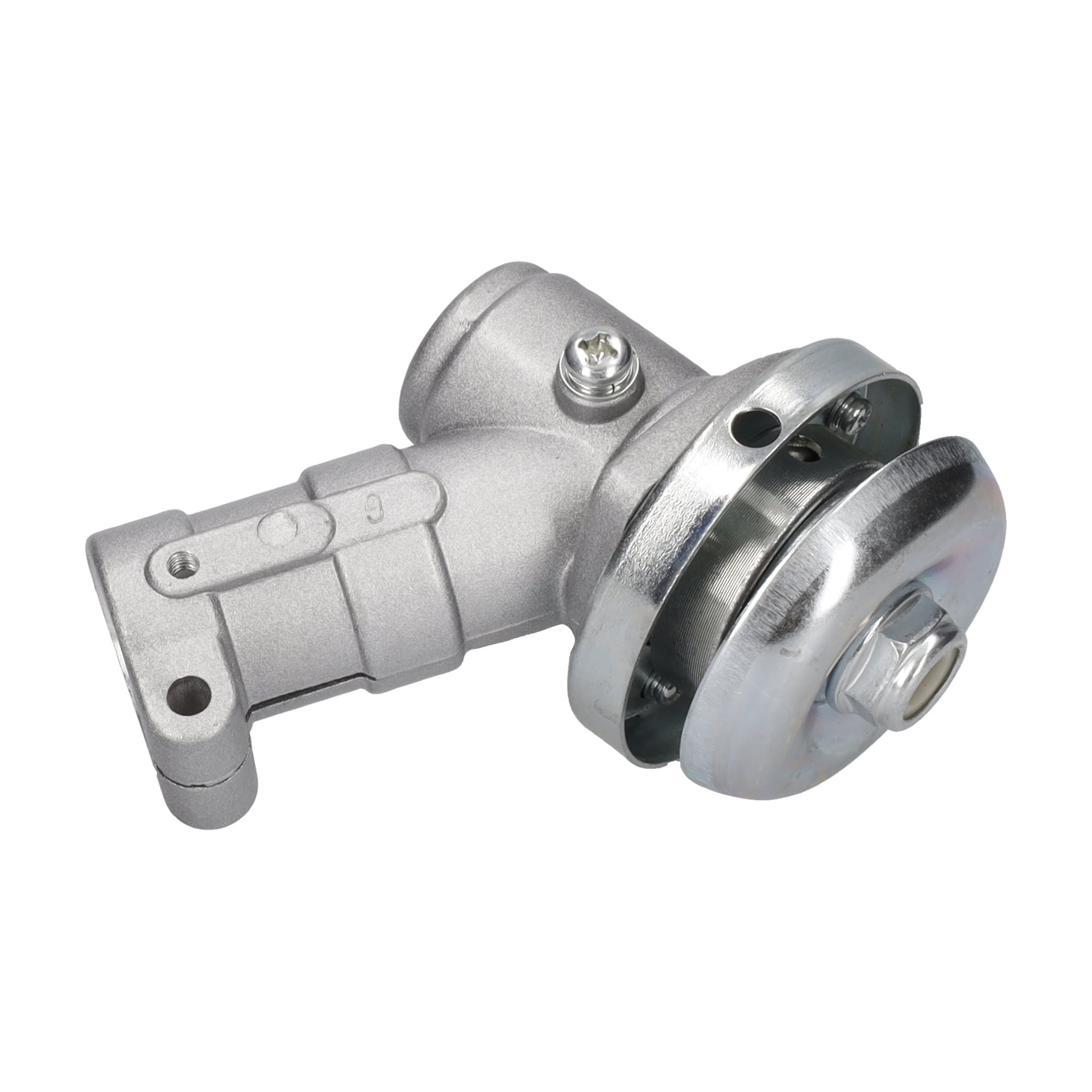 Närbild av Angle Changer Brush Cutter, som visar dess blanka cylindriska metallkropp, böjda form och synliga bultar.