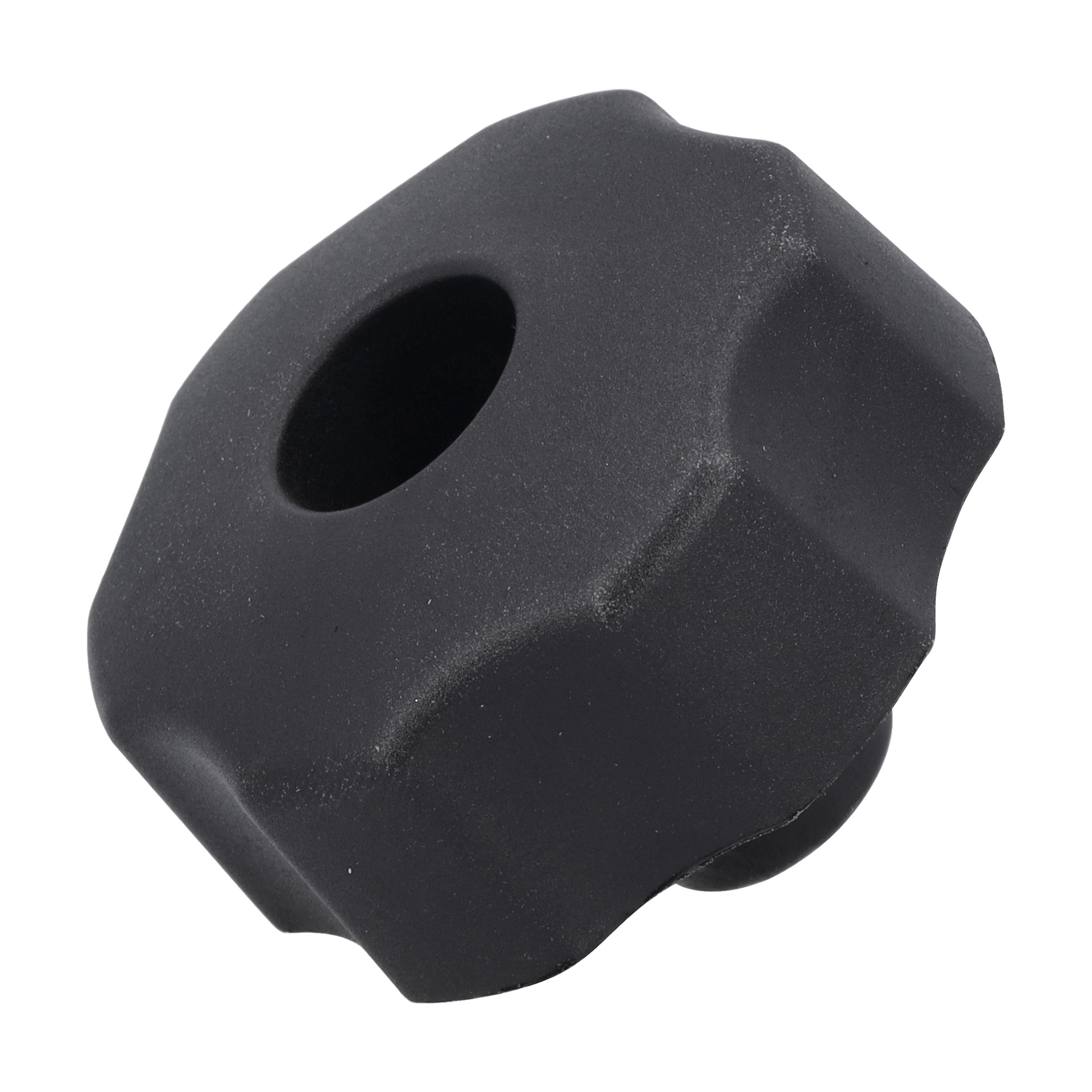 Nut Knob är en svart plastknopp med ett konturerat, texturerat grepp och ett hål i mitten.