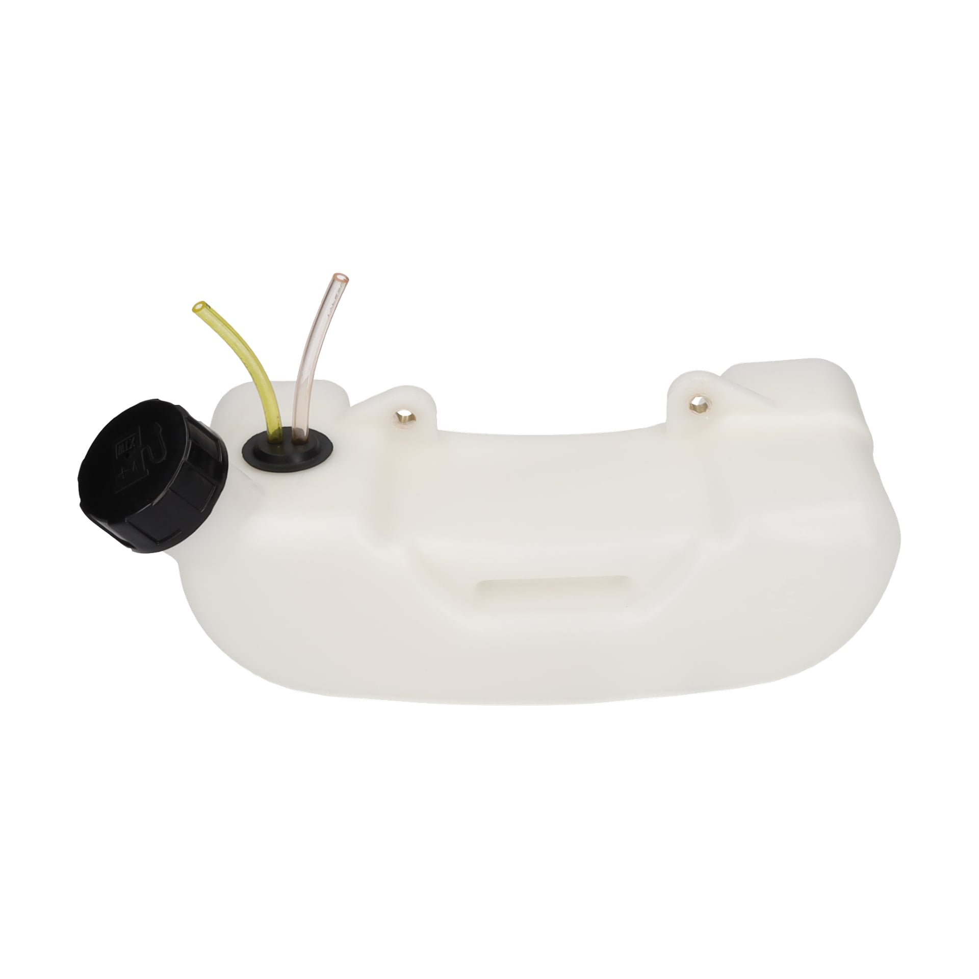 Vit plasttank med svart skruvlock, gula och genomskinliga slangar upptill, formad form och två fästpunkter.
