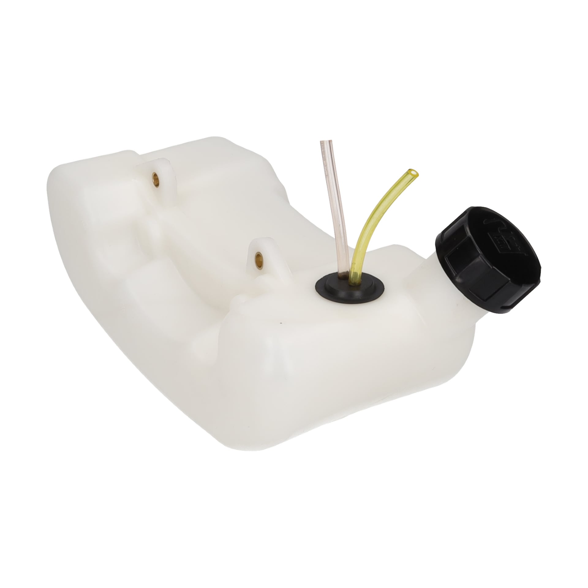 En vit plasttank med svart skruvlock och två slangar, med formgjutna konturer och monteringspunkter.