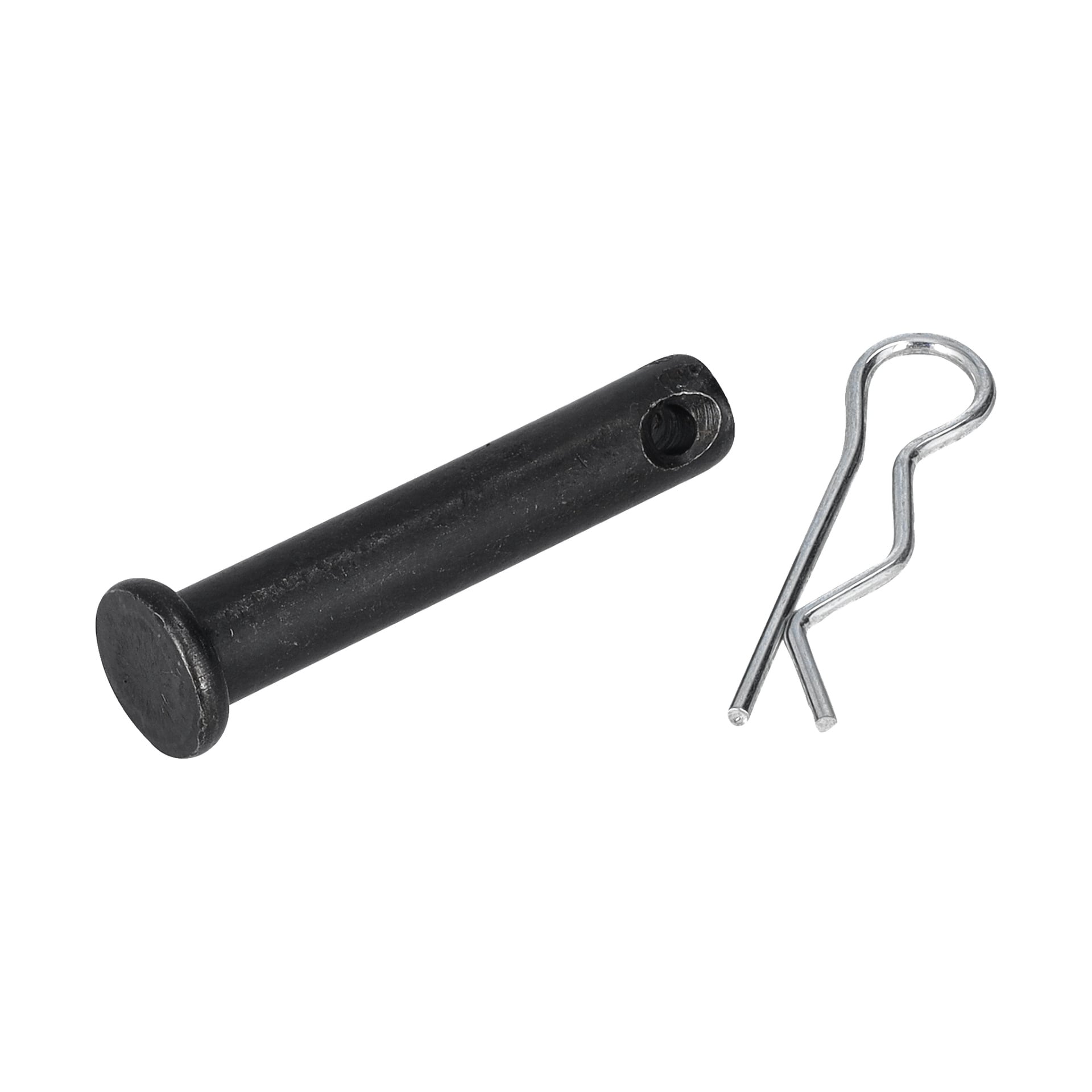En Sprint Ground Drills svarte metall clevis-pin med flat hode og sidehull ligger ved siden av en sølv splittstift.