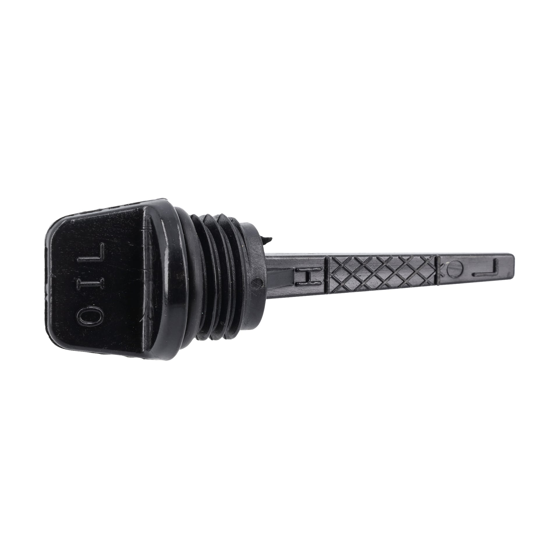 Oilstick Electric Power Plant har en svart plastoljesticka med "OIL" på locket, texturerat handtag och gängad sektion.