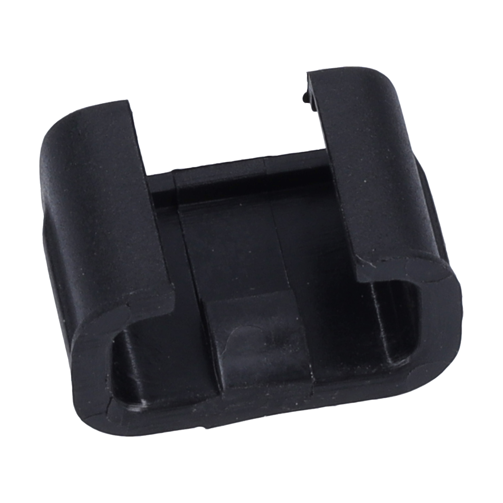 Ett tillbehör till mynningsspike/häftpistol med en svart U-formad plast- eller gummiklämma, öppen i mitten och lätt böjd på sidorna.