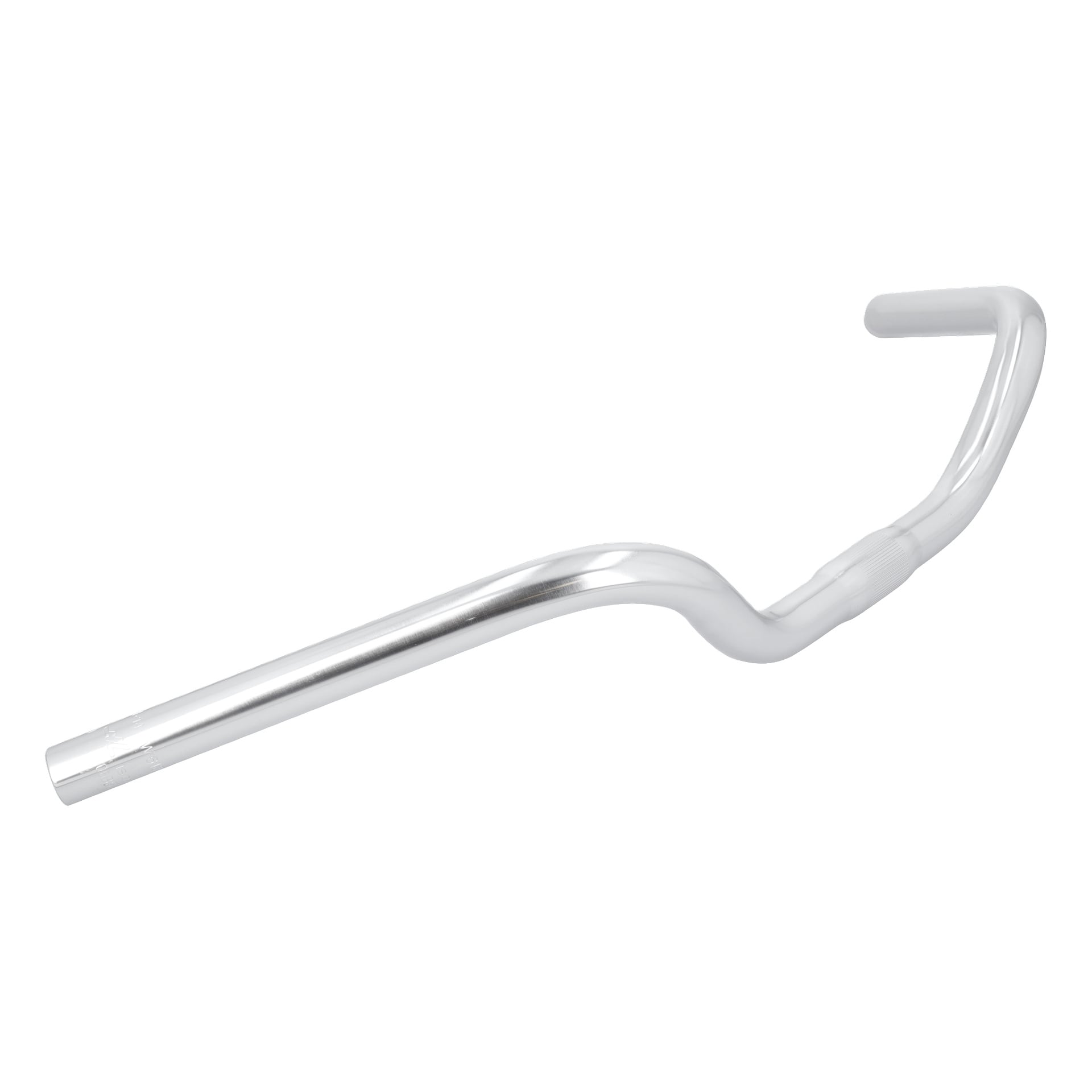 Steering elcykel har ett silverfärgat styre med en distinkt uppåt- och bakåtkurva.