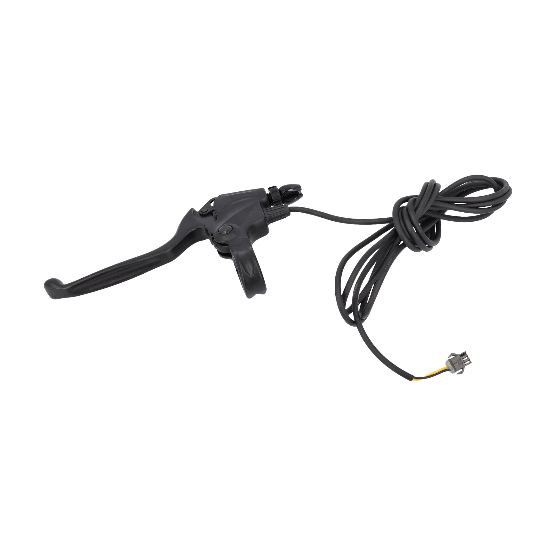 En svart elektronisk bromsspak för en elcykel, med en lång kabel och en liten kontakt i änden.