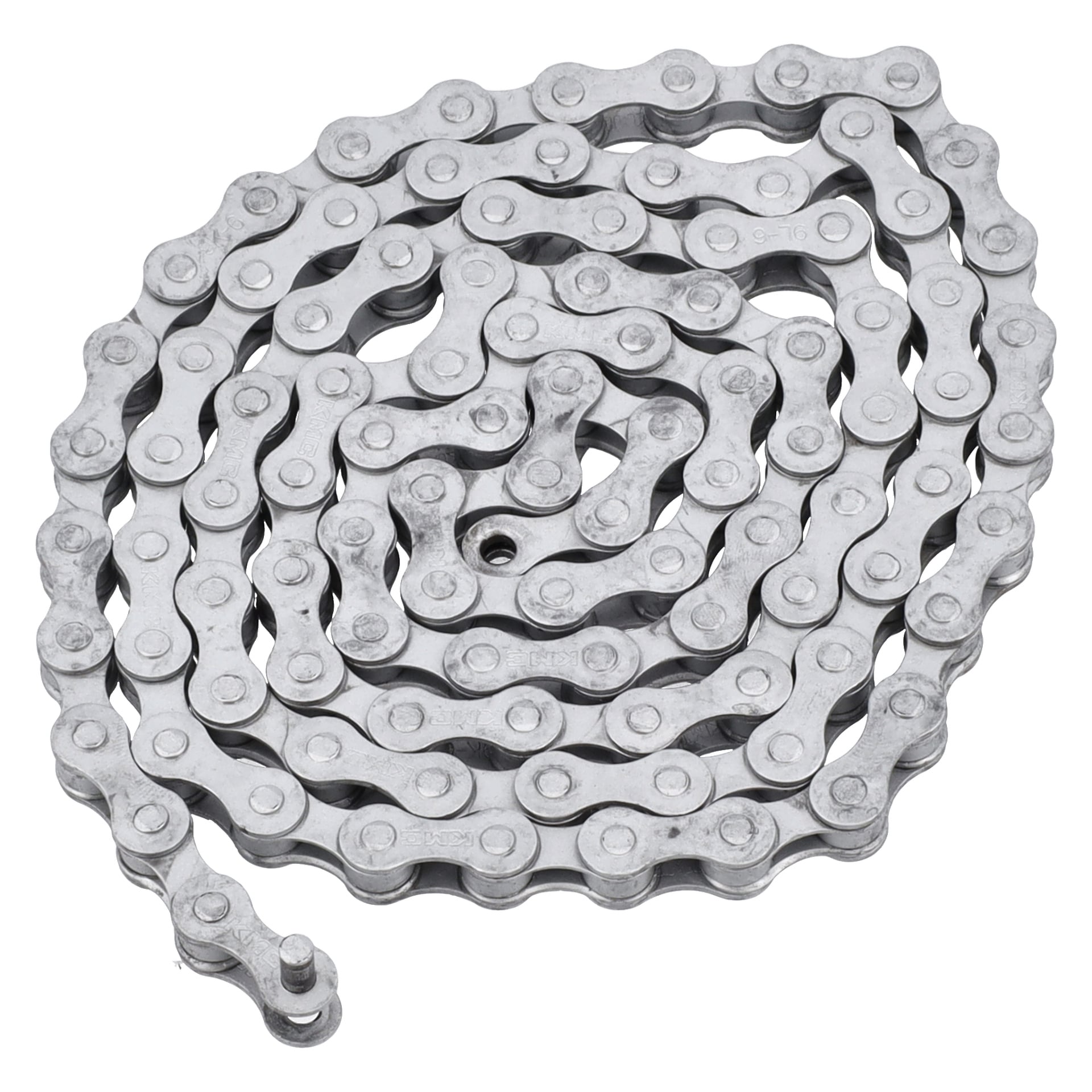 En spiralad elcykel med kedja och sammankopplade silvermetalllänkar och en nål i ena änden.