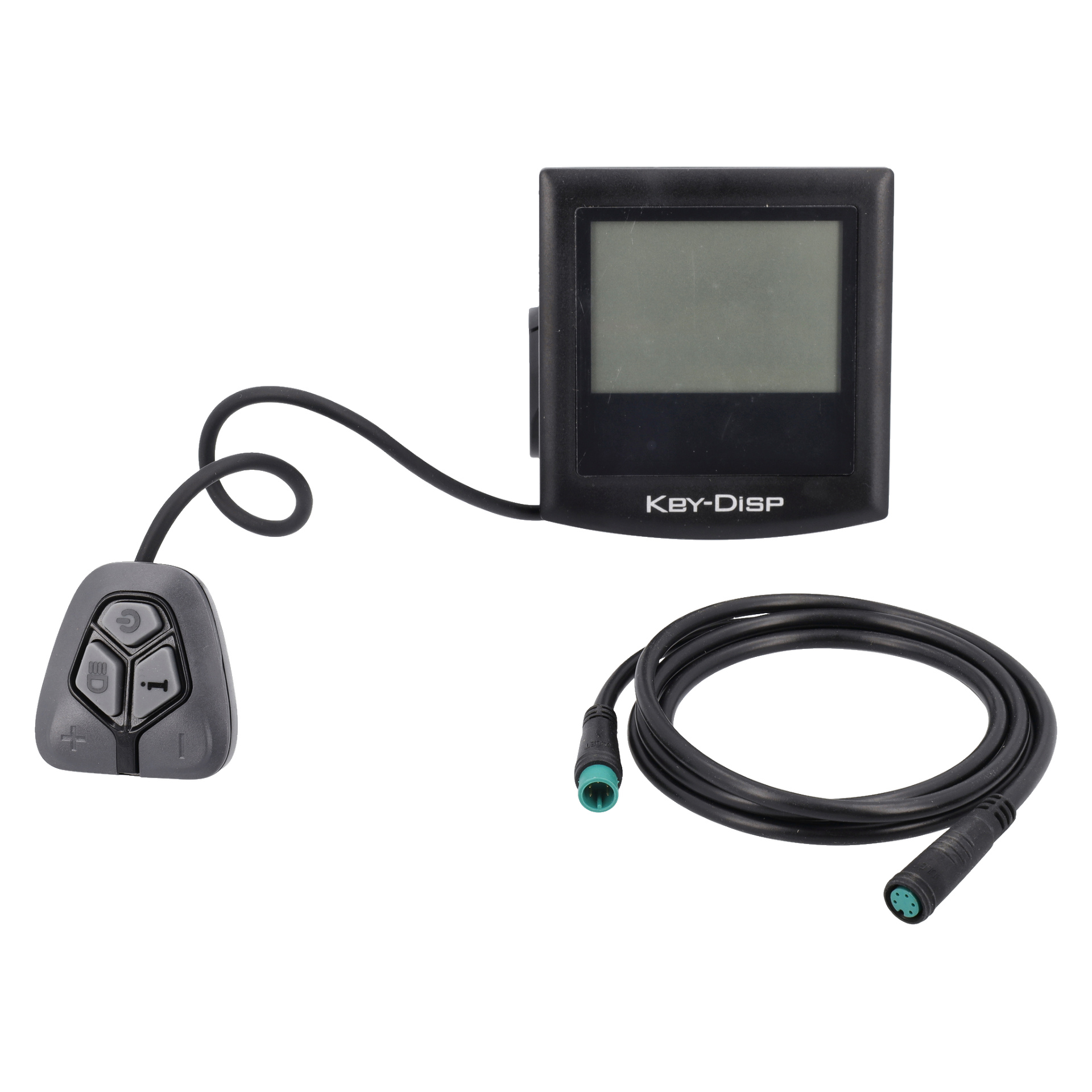 En svart elcykeldisplay med knappkontroll och en svart kabel med gröna kontakter i båda ändar.