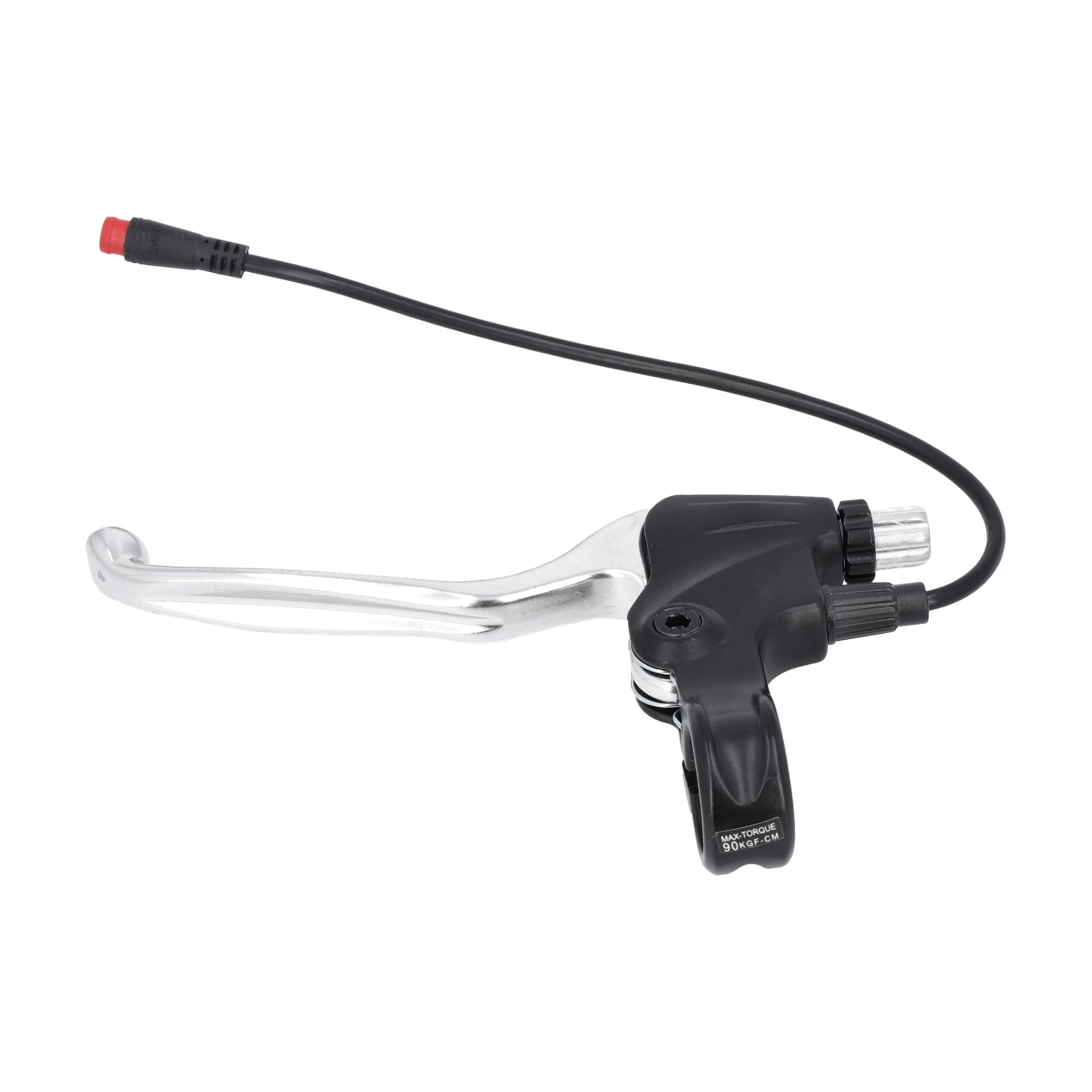 Brake Lever Electric Bike har en silver- och svart bromsspak med en svart kabel som slutar i en rödspetsad kontakt.