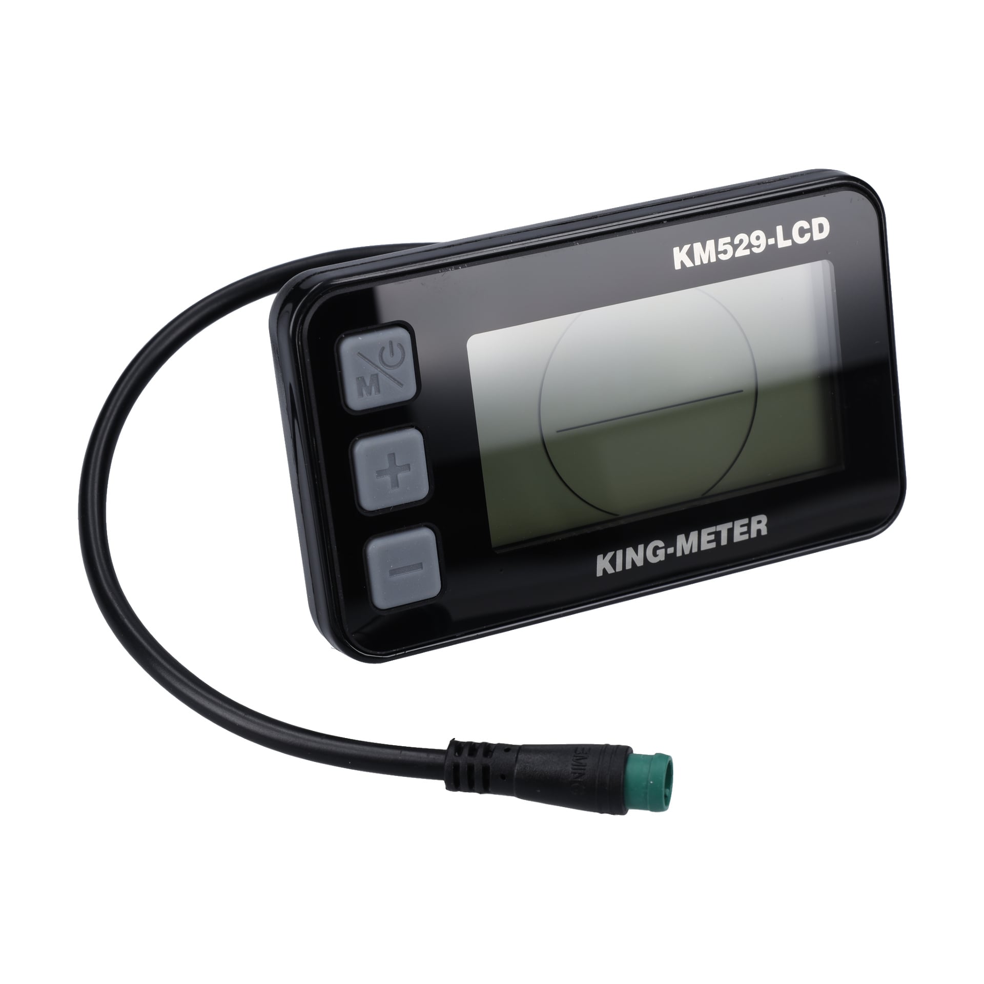 Elcykeldisplay märkt KING-METER KM529-LCD med en tom skärm, tre grå knappar och en svart kabel med grön kontakt.