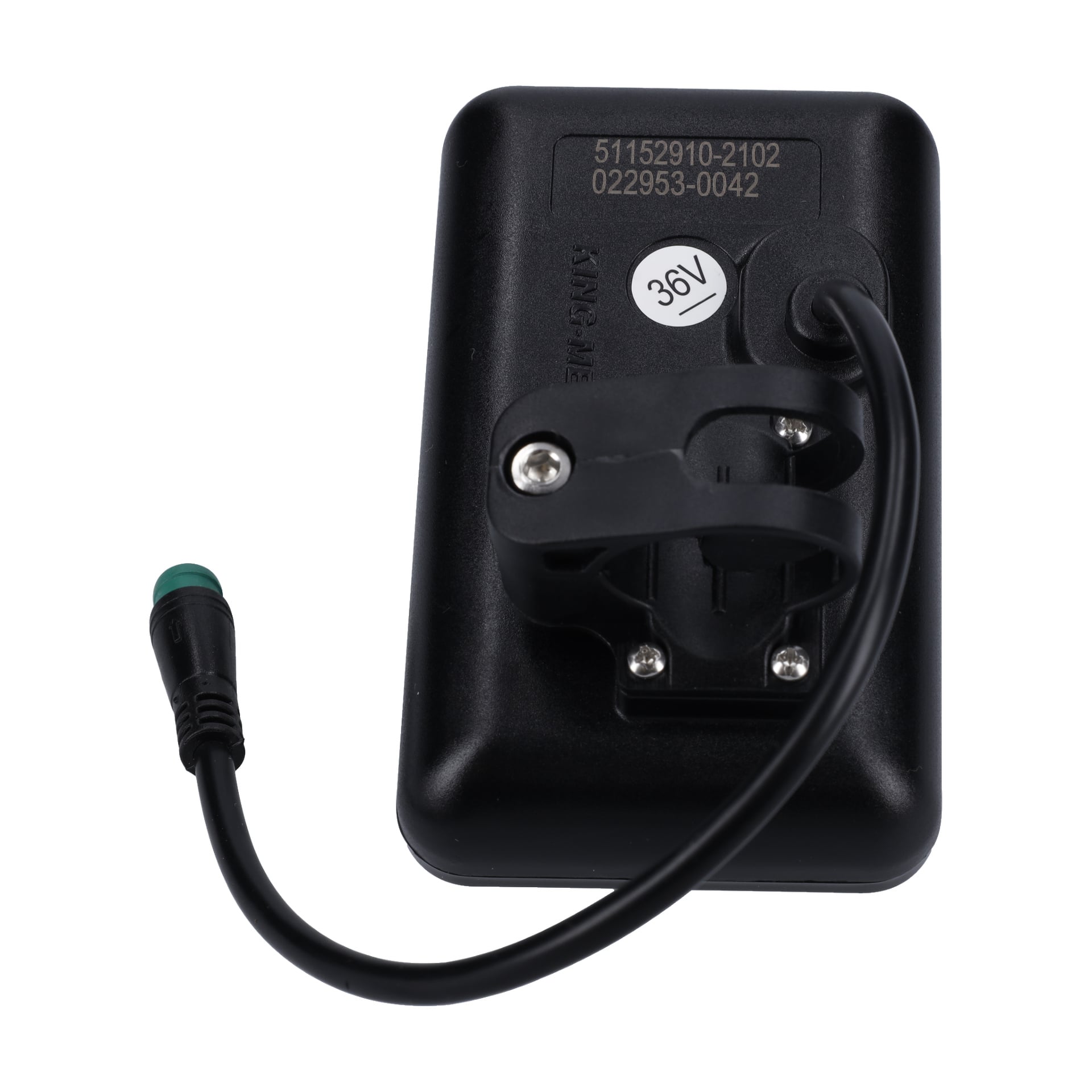 En svart, rektangulär elektronisk enhet märkt 36V, med ett monteringsfäste, en kort kabel med grön spets och serienummer på baksidan.