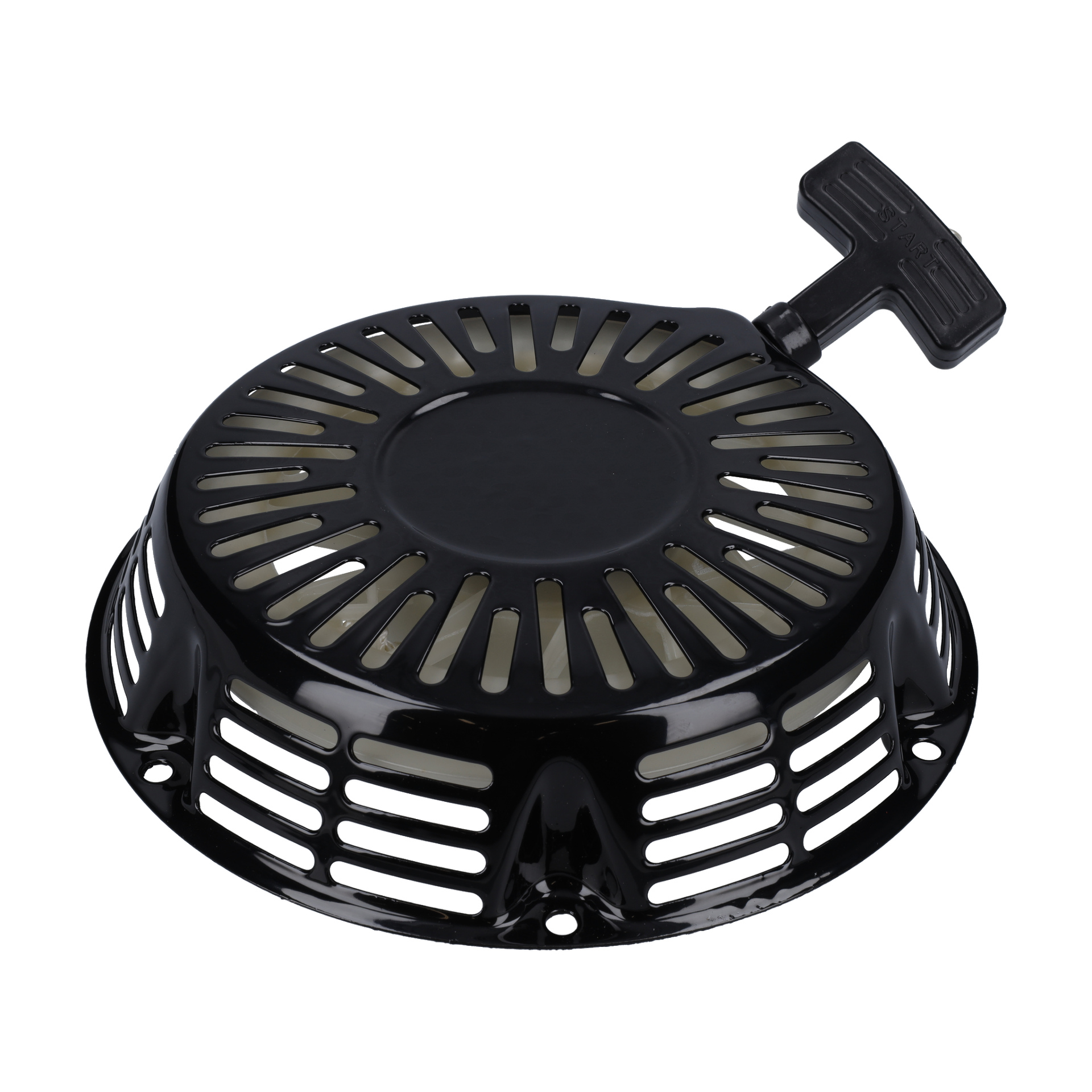 Svart metall rekylstarter med T-format draghandtag, ventilationsspår och hål för basfästen.