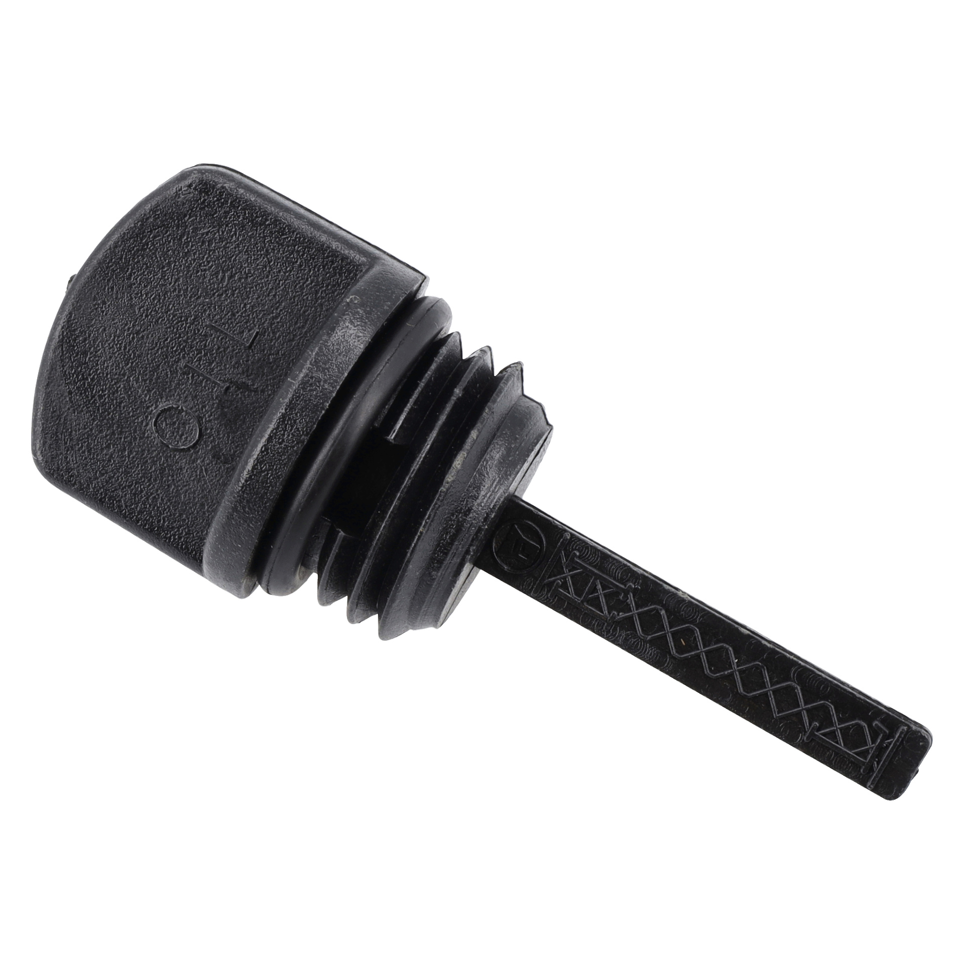 En svart oljesticka har en räfflad lock och måttmarkeringar längs stickan, märkt som Oilstick Electric Power Plant.