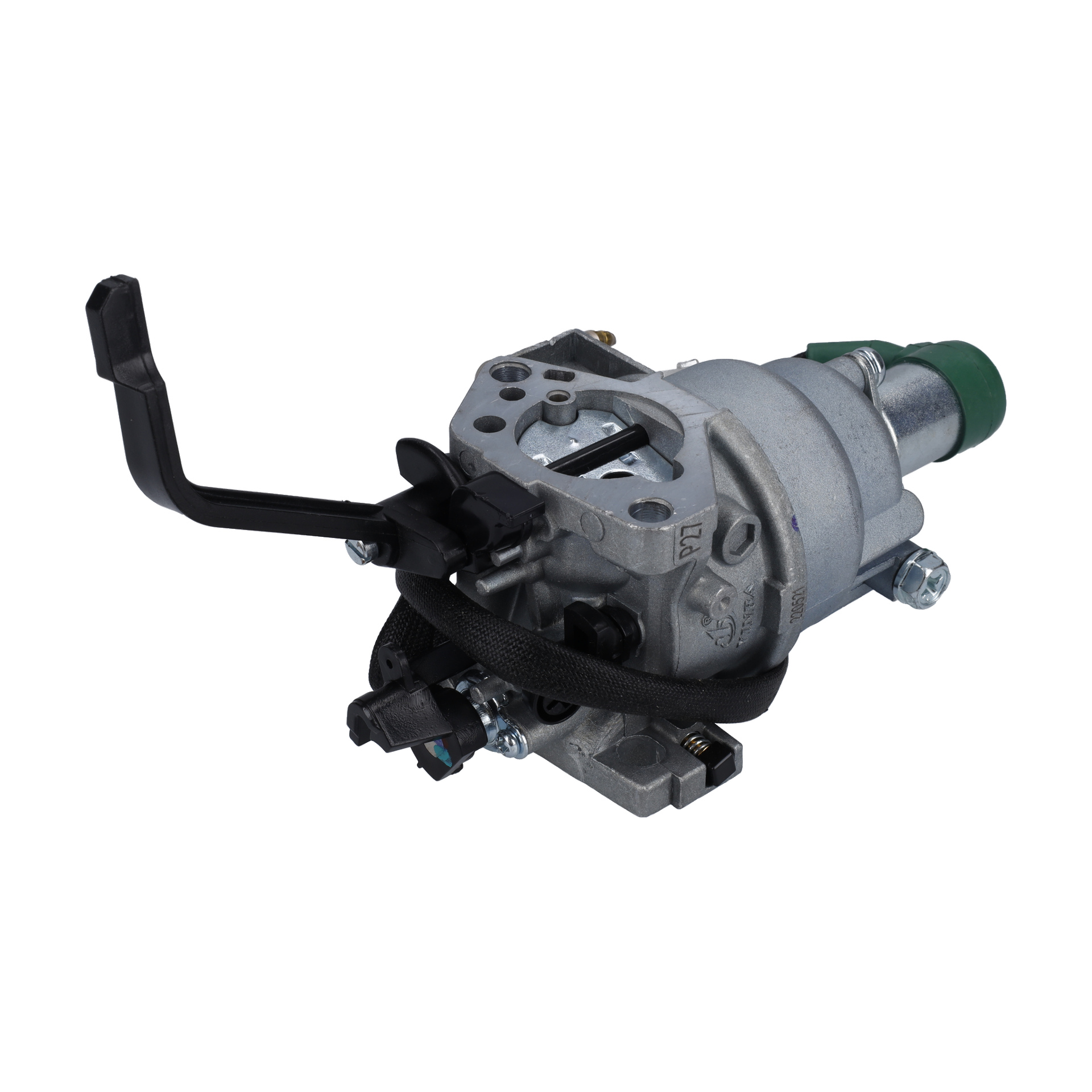 Carburettor Cpl 004973 Generat är en metallisk bränsleinsprutningspump med svart spak, elektriska kontakter och grön lock.