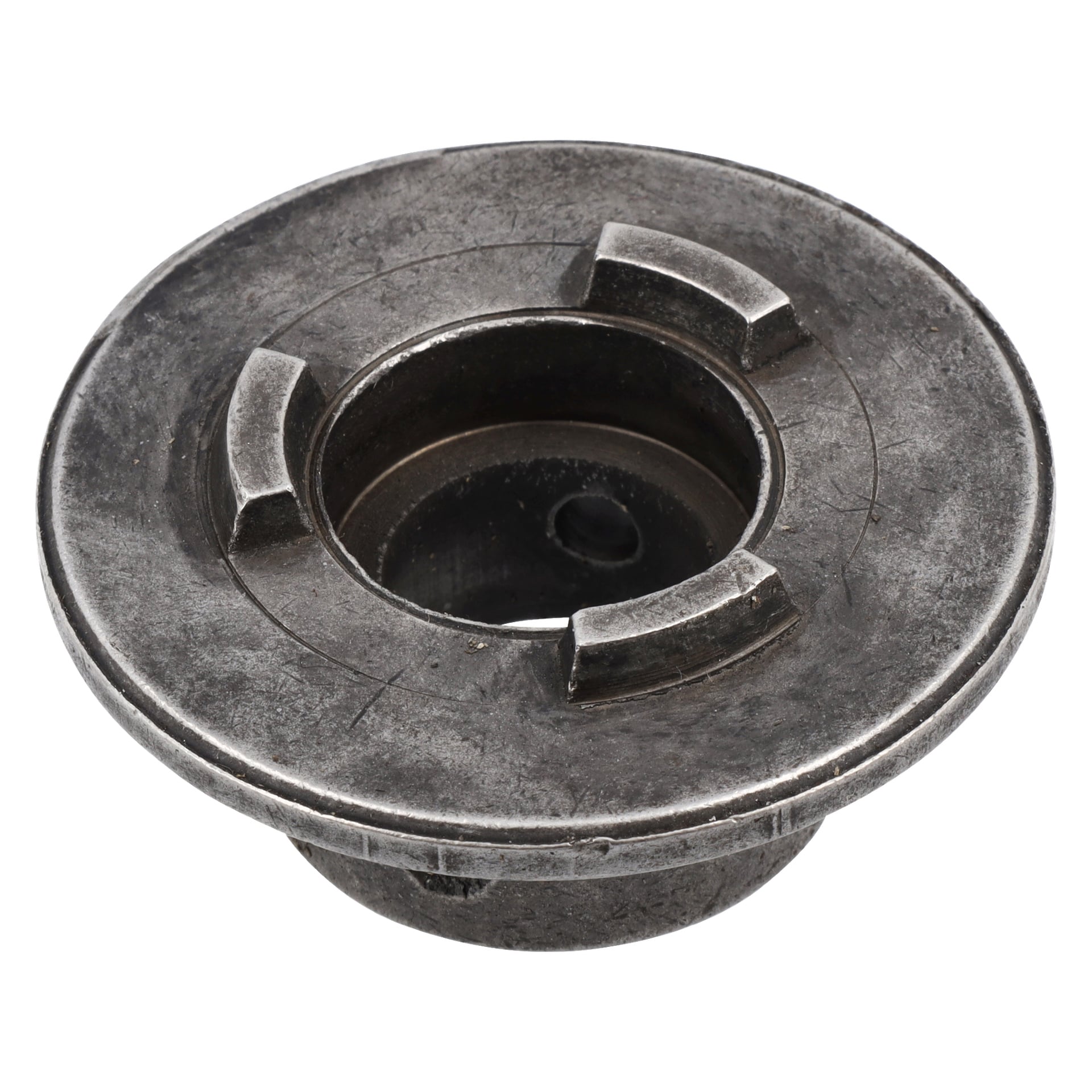 Nært bilde av Outer Flange Bushing Snow Blower, med rund metallform, midthull og tre hevede fliker.