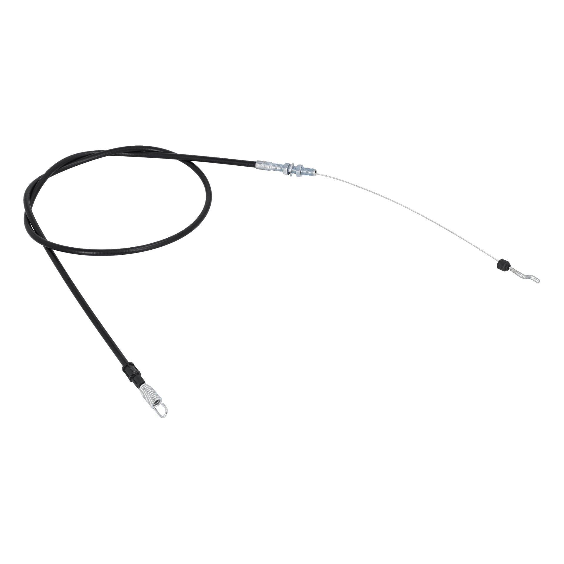 Mekaaninen kaapeli, jossa on musta suojus, näkyvät metallipäät, jouset ja kiinnitysosat; sopivat jarru- tai kaasuläpän käyttöön.
