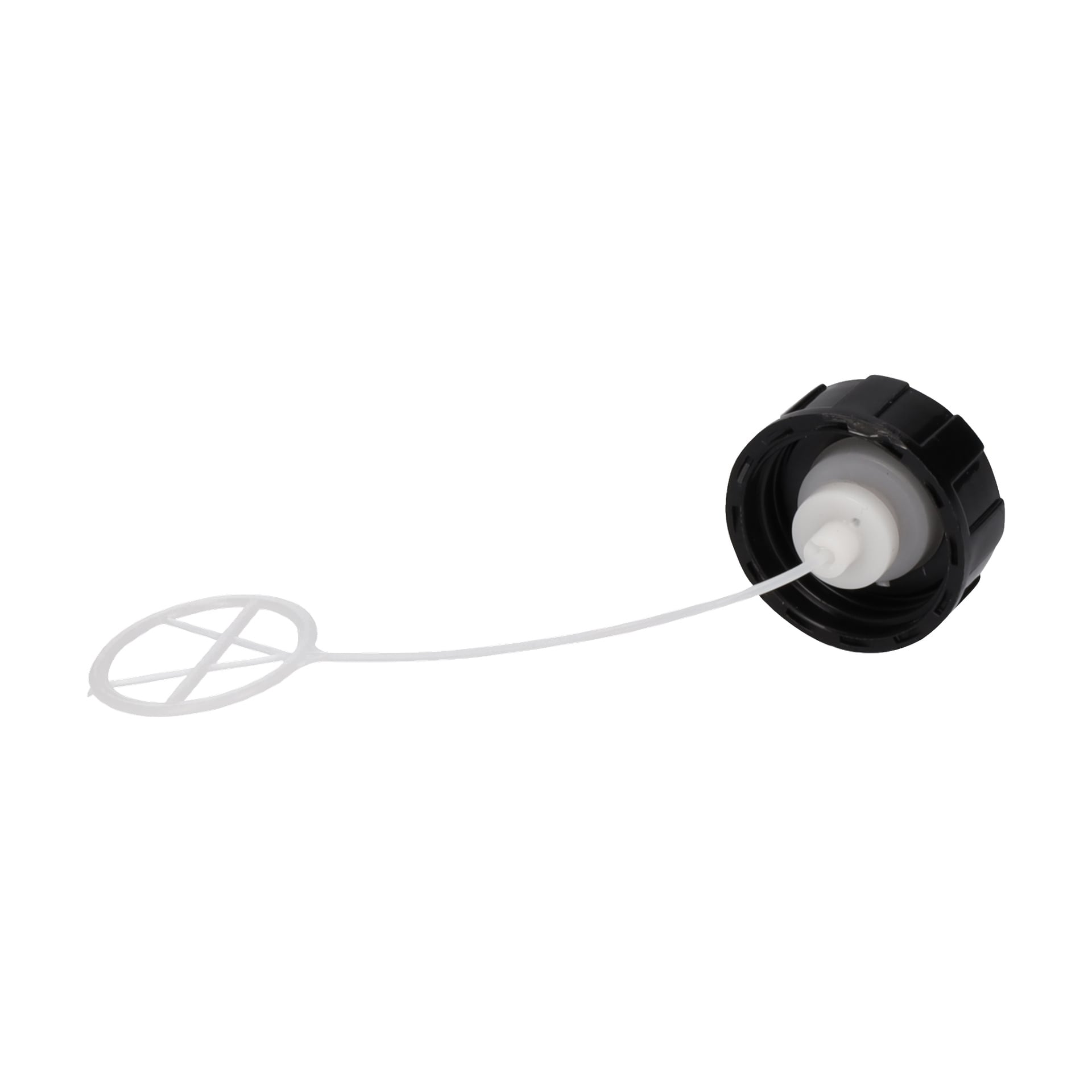 Ett svart plastbränslelock för en lövblåsare har en vit rund försegling som är förbunden med en flexibel remsa.