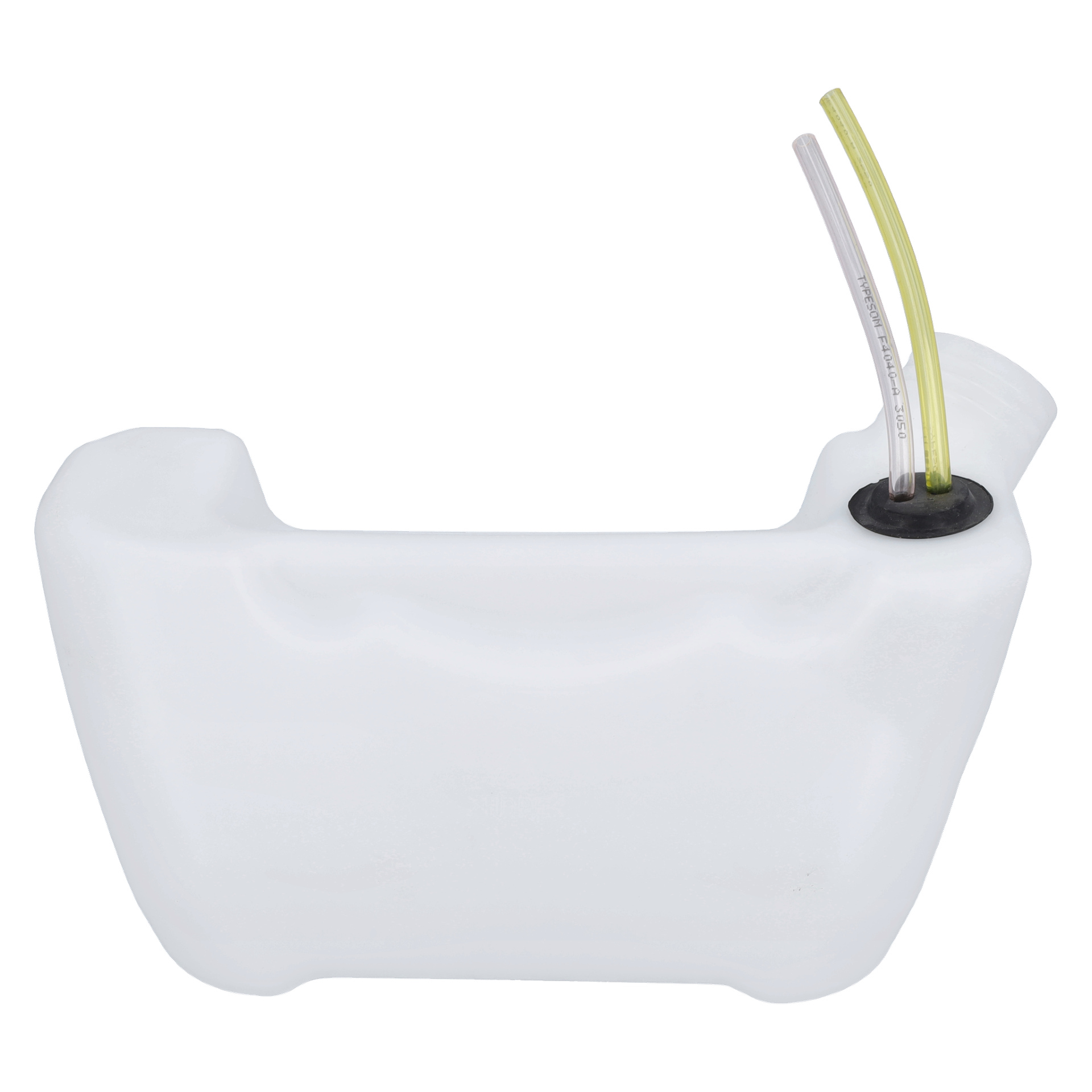 Denna lövblåsare har en vit plasttank med skruvlock och två slangar—gula och klara—kopplade uppe till höger.
