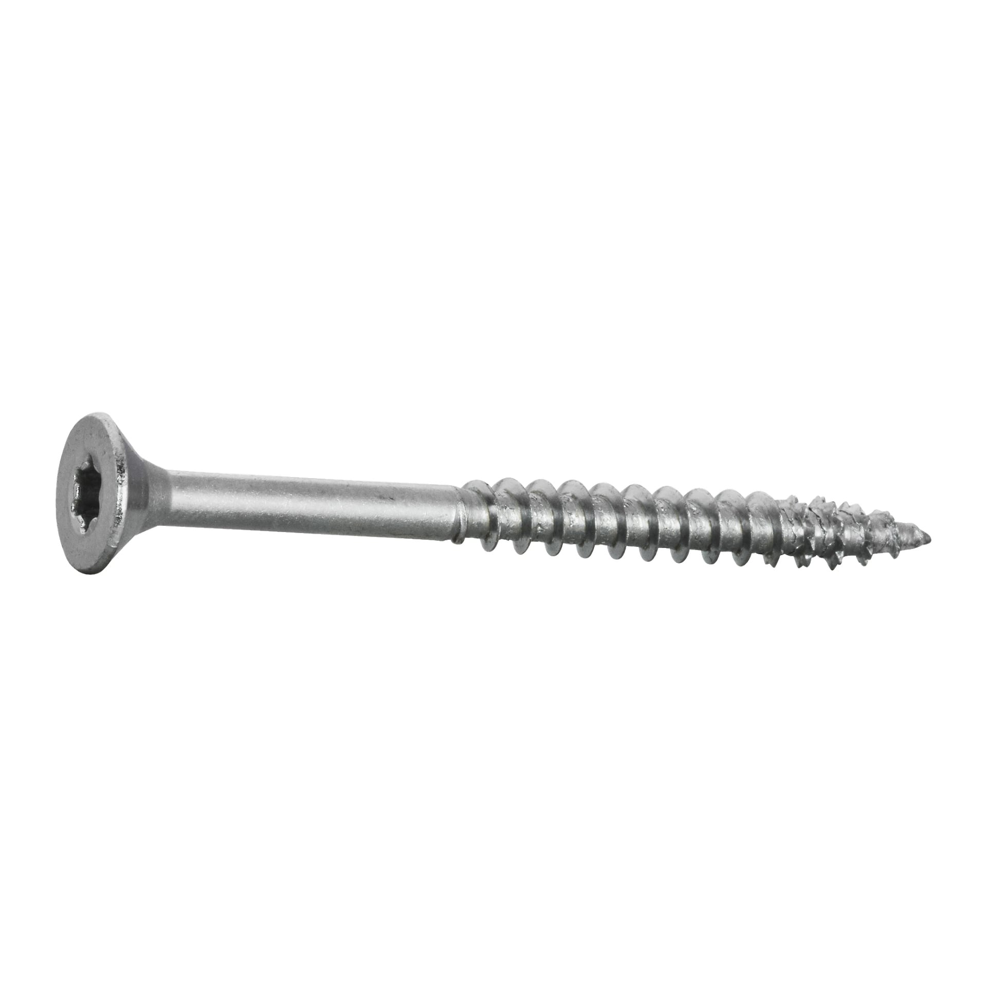 Yksi Heco Wood -ruuvi, jossa oli hopeinen litteä pää ja terävä, kierteinen metallirunko.