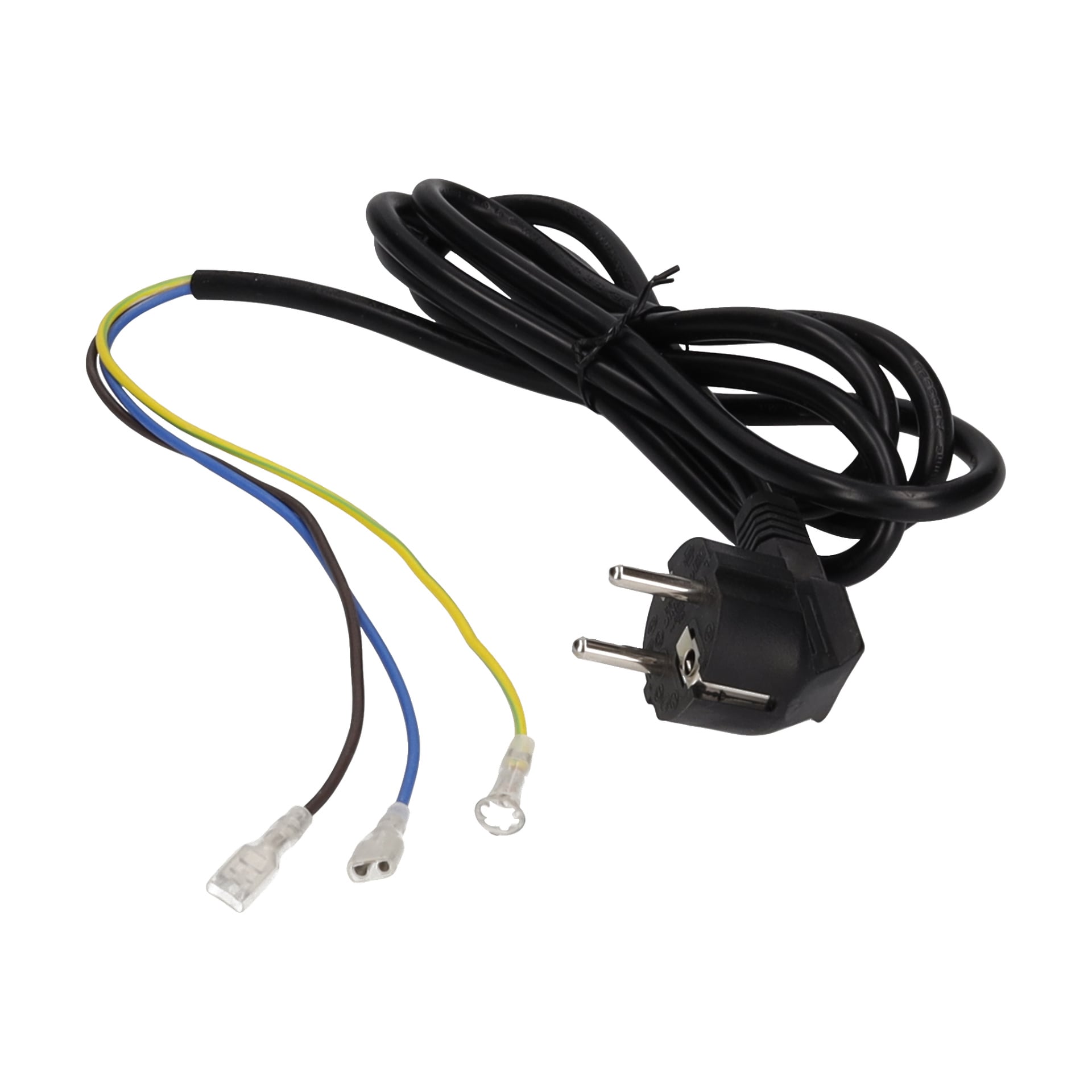 Power Cord Treadmill har en svart kabel med en europeisk kontakt i ena änden och tre exponerade ledningar—blå, gulgrön och brun—var och en med en metallanslutning i den andra änden.