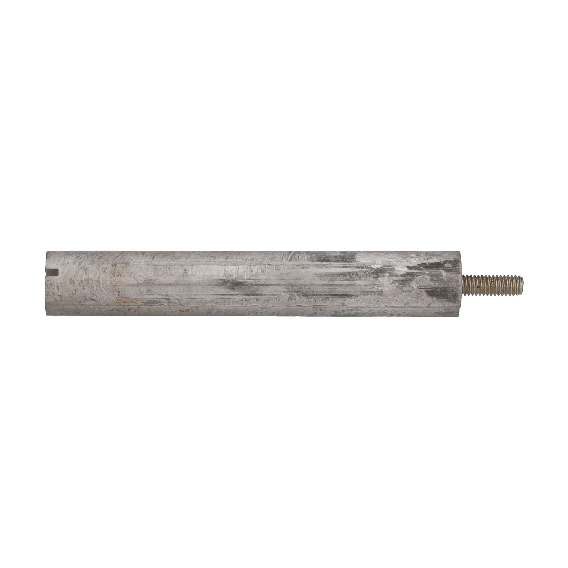 En cylindrisk metallstång med spår och gängad ände, designad som anod för varmvattenberedare.
