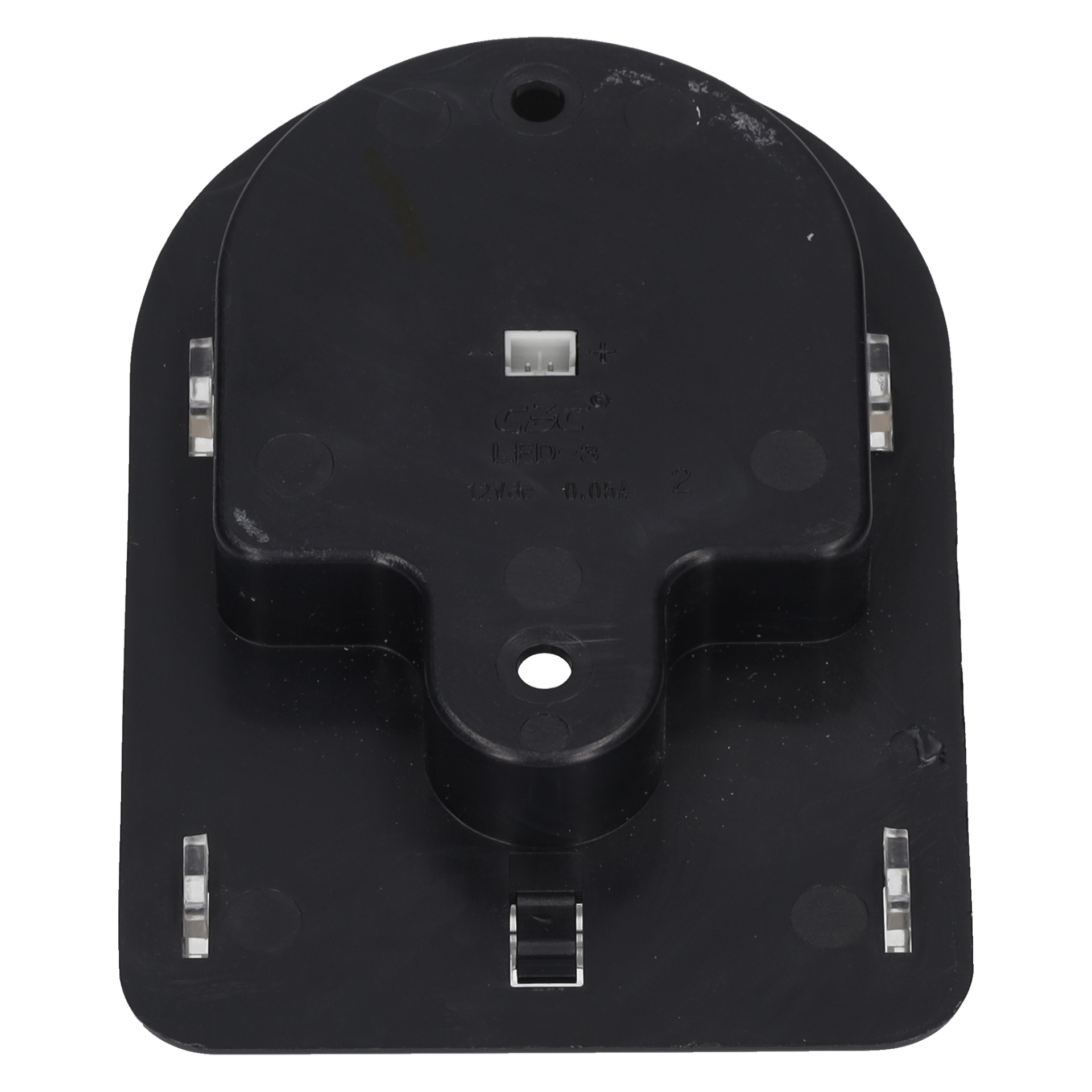 En LED-lampa vinkylare med svart plastfäste, rundad topp, fyrkantig mittkontakt, ett runt hål och sex kantklämmor.