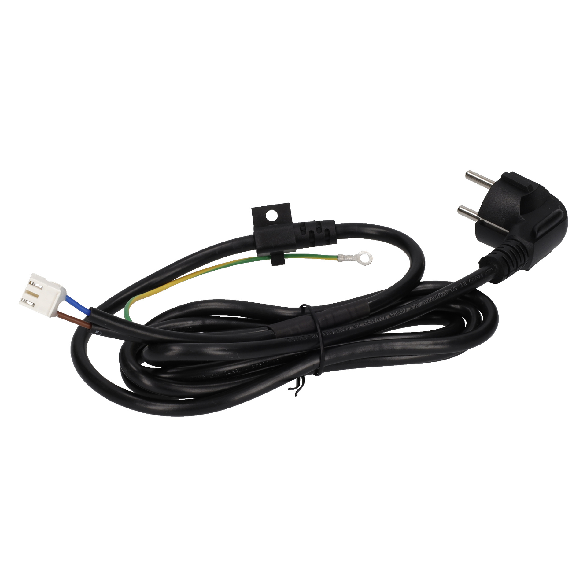 Svart kabel med en europeisk tvåpolig kontakt i ena änden och tre färgade kablar (vit, blå, gulgrön) lindade med en tvist.