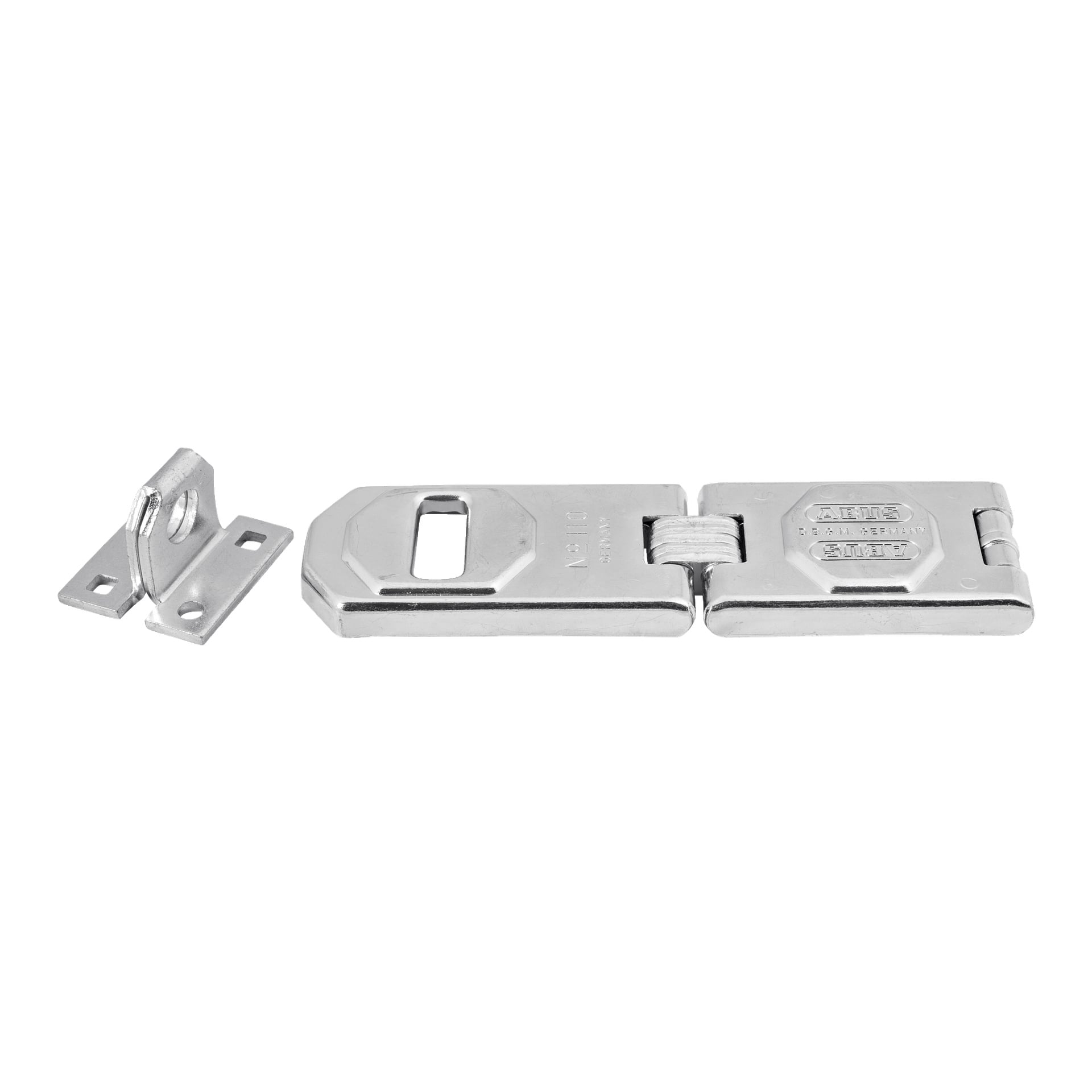 Ett ABUS Hasp silvermetallspärr visas öppet, med den gångjärnsförsedda låsplattan till höger och den separata monteringsplattan med skruvhål till vänster.