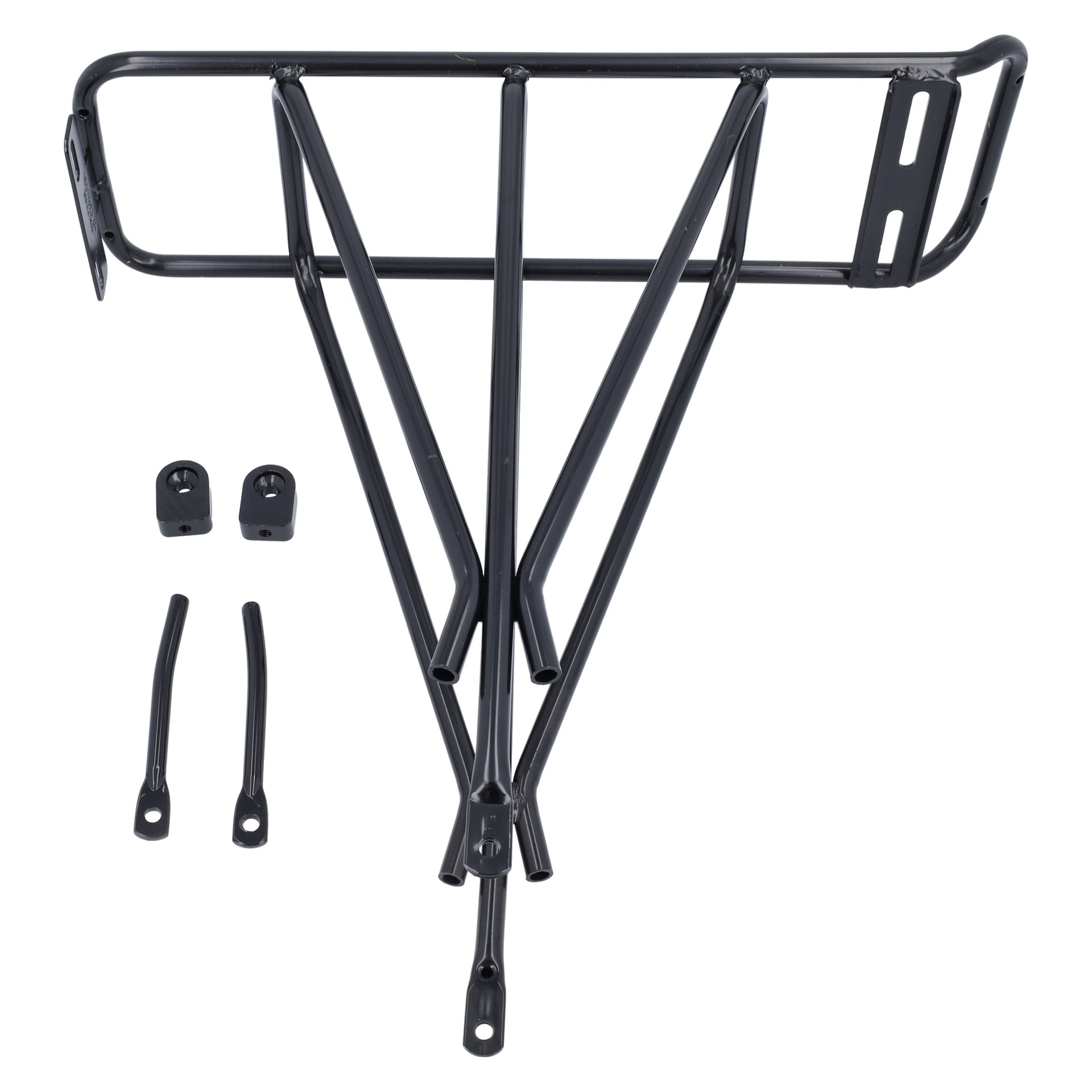 En svart metall Luggage Carrier Women's Bike med två monteringsfästen och två stödstänger placerade bredvid.