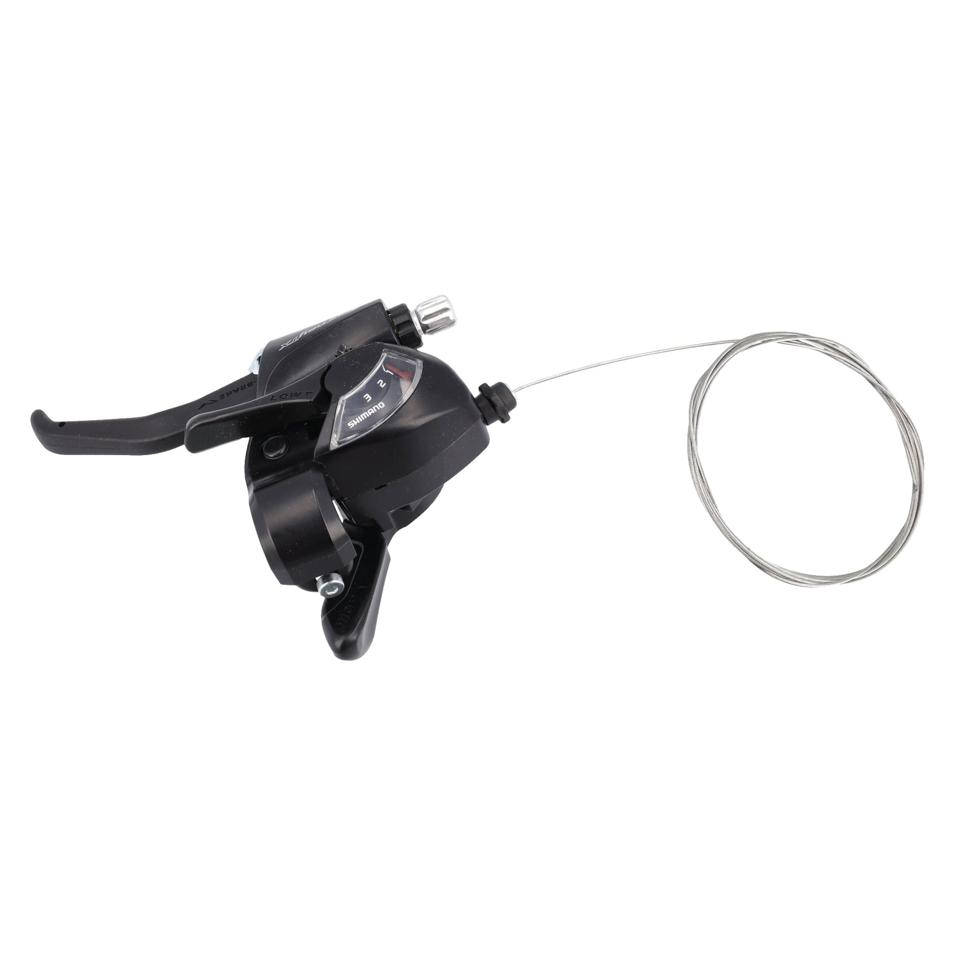 En svart Toggle Switch Bike Front med sølvkabel og synlig girindikator.