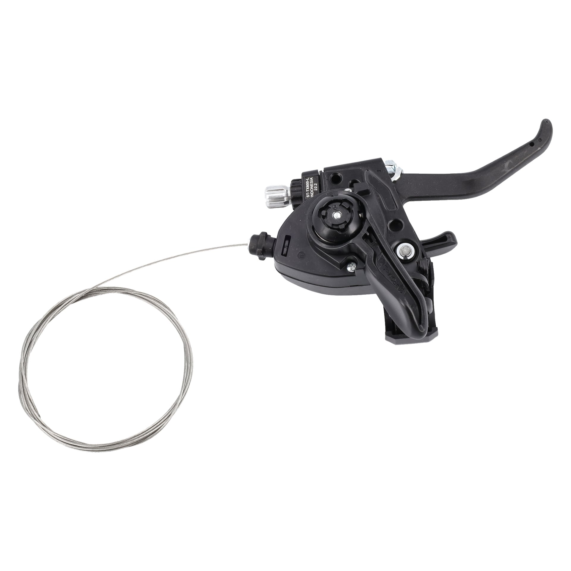 Toggle Switch Bike Front er en svart girspak med metallkabel, spak og justeringsknapp festet.