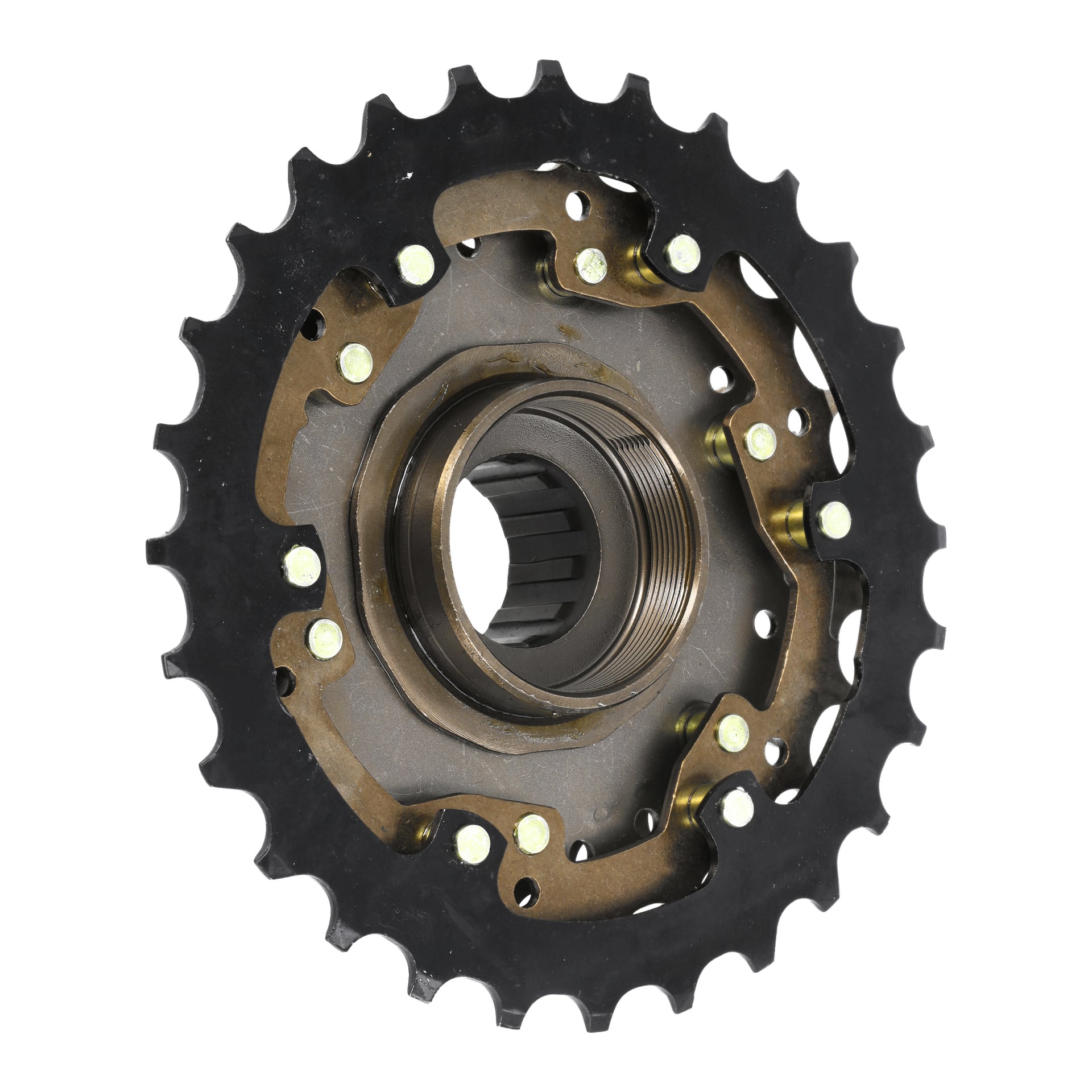 Närbild av Freewheel Wreath, med en metallcykelväxel med svarta och bronsfärgade toner, flera tänder och en gängad mitt.