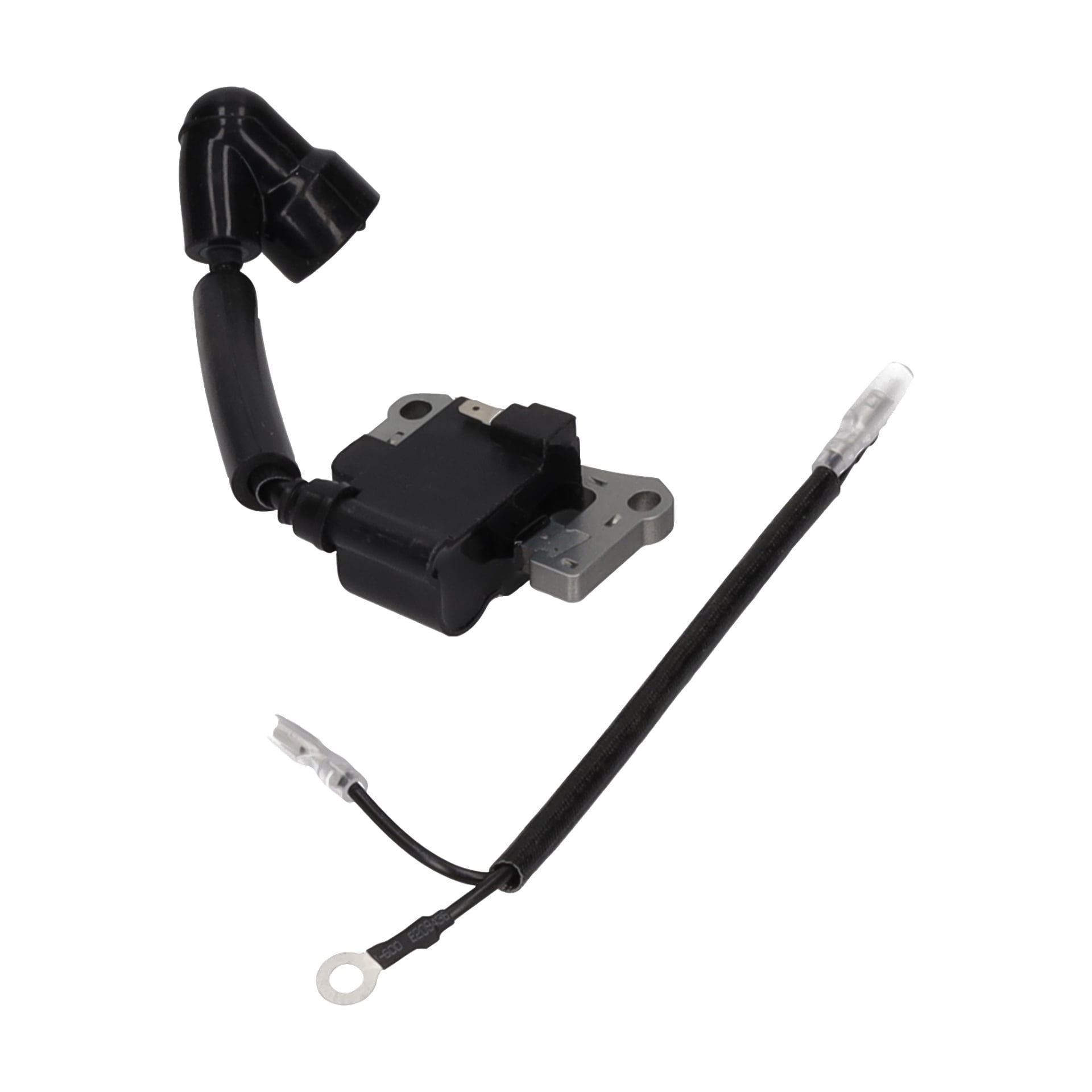 Ignition Coil Ground Drill er en svart tenningsspole med metallbrakett og en ledning med kontakter i begge ender.