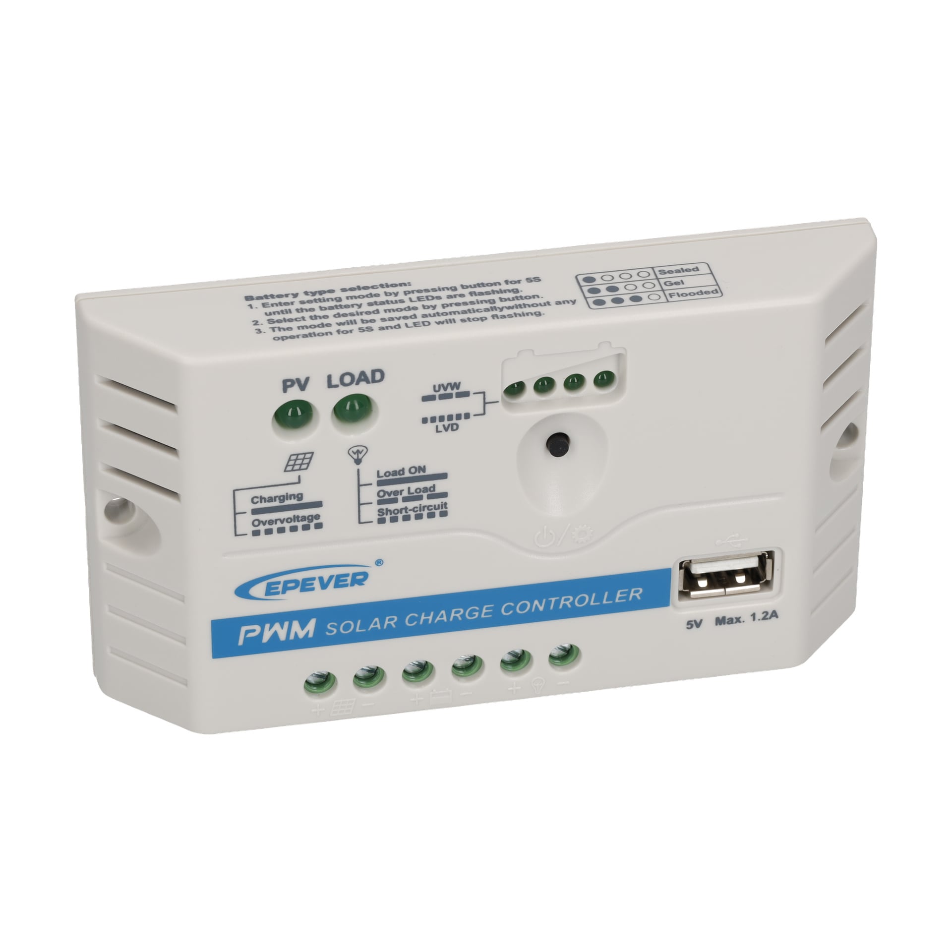 EPever PWM solladdregulator med märkta terminaler, indikatorlampor, USB-port och utskrivna instruktioner på framsidan.