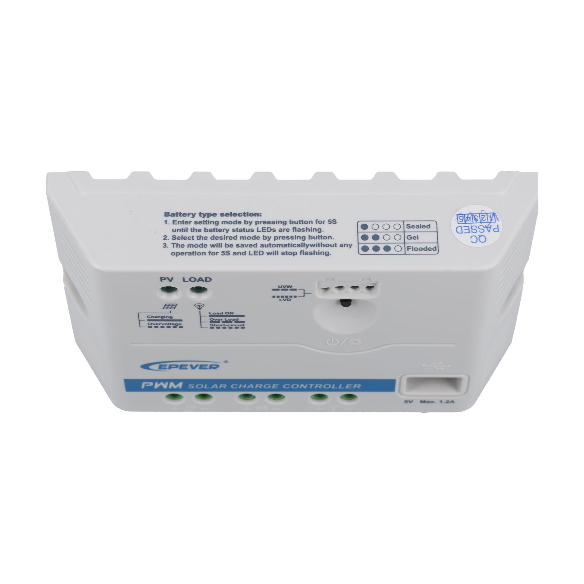 Vit EPever PWM solcellsladdregulator 20A 007983 med märkta terminaler, knappar, instruktioner, kvalitetskontrolletikett och statuslampor.