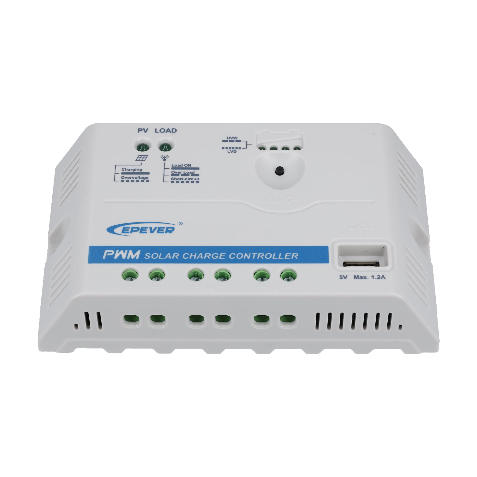 Vit EPEVER PWM solladdregulator 20A 007983 har indikatorlampor, märkta terminaler, USB-port och ventilationsspår.