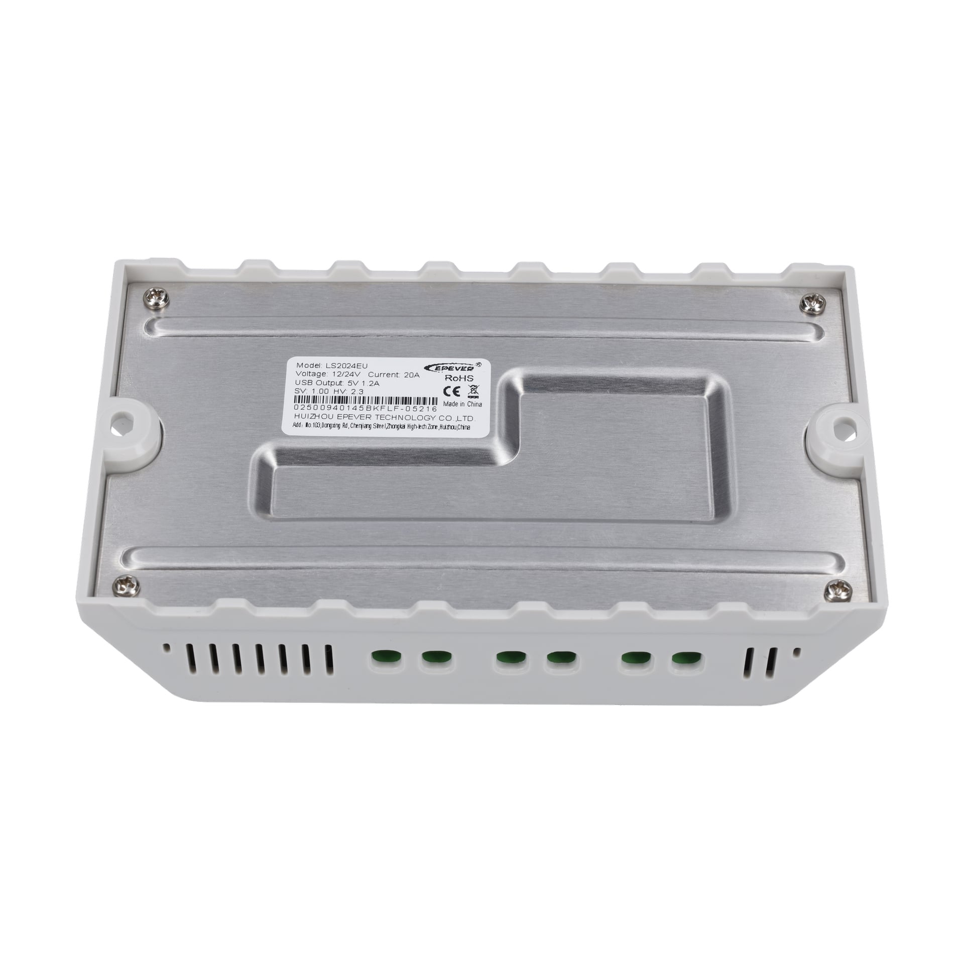 Charge Controller 20A 007983 har en rektangulär konstruktion, metalltopplock, vitt ventilerat hölje, etikett och gröna portar på sidan.