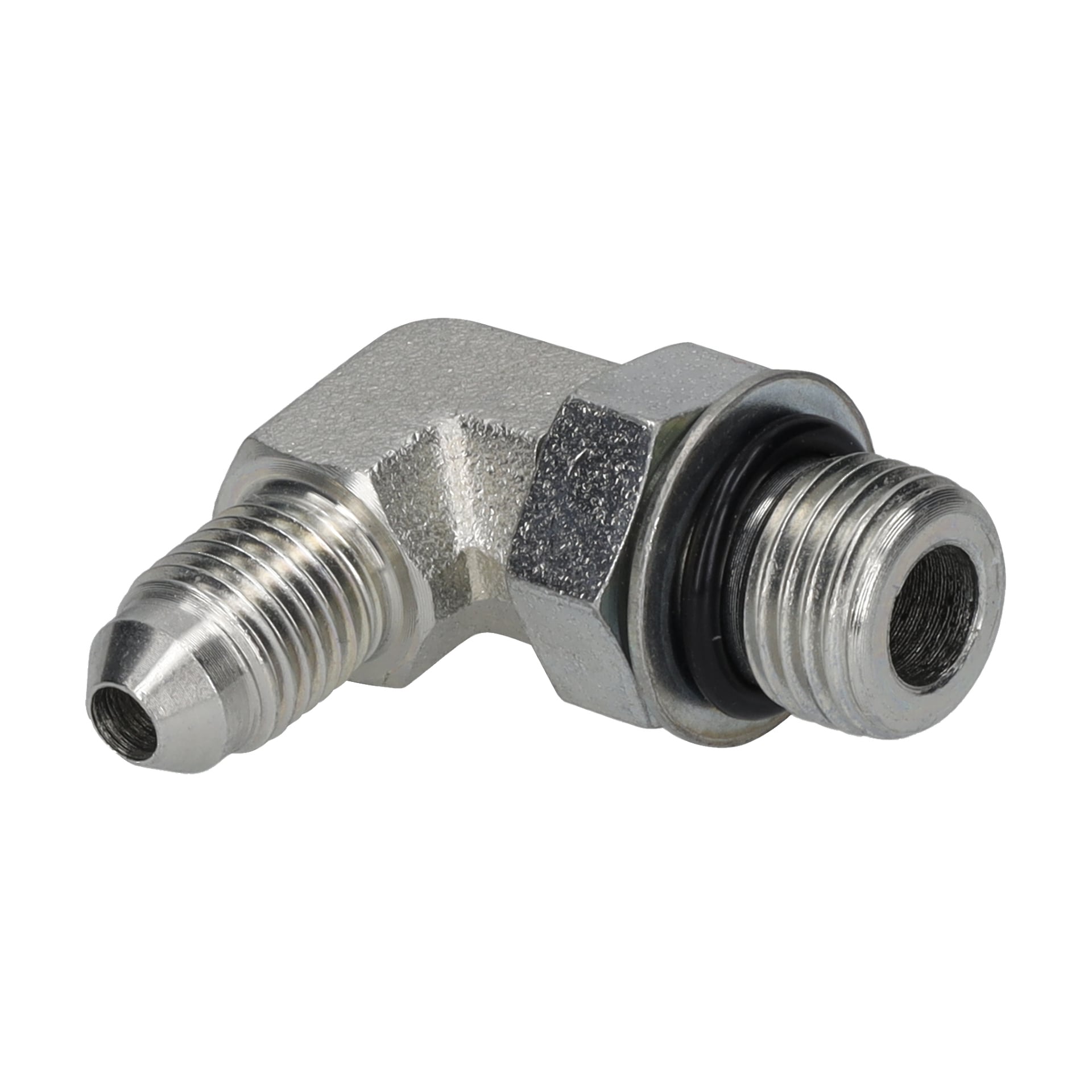 En 90-graders hydraulisk metallböjskoppling med hangängor, en utbredd ände och en svart O-ring för tätning.