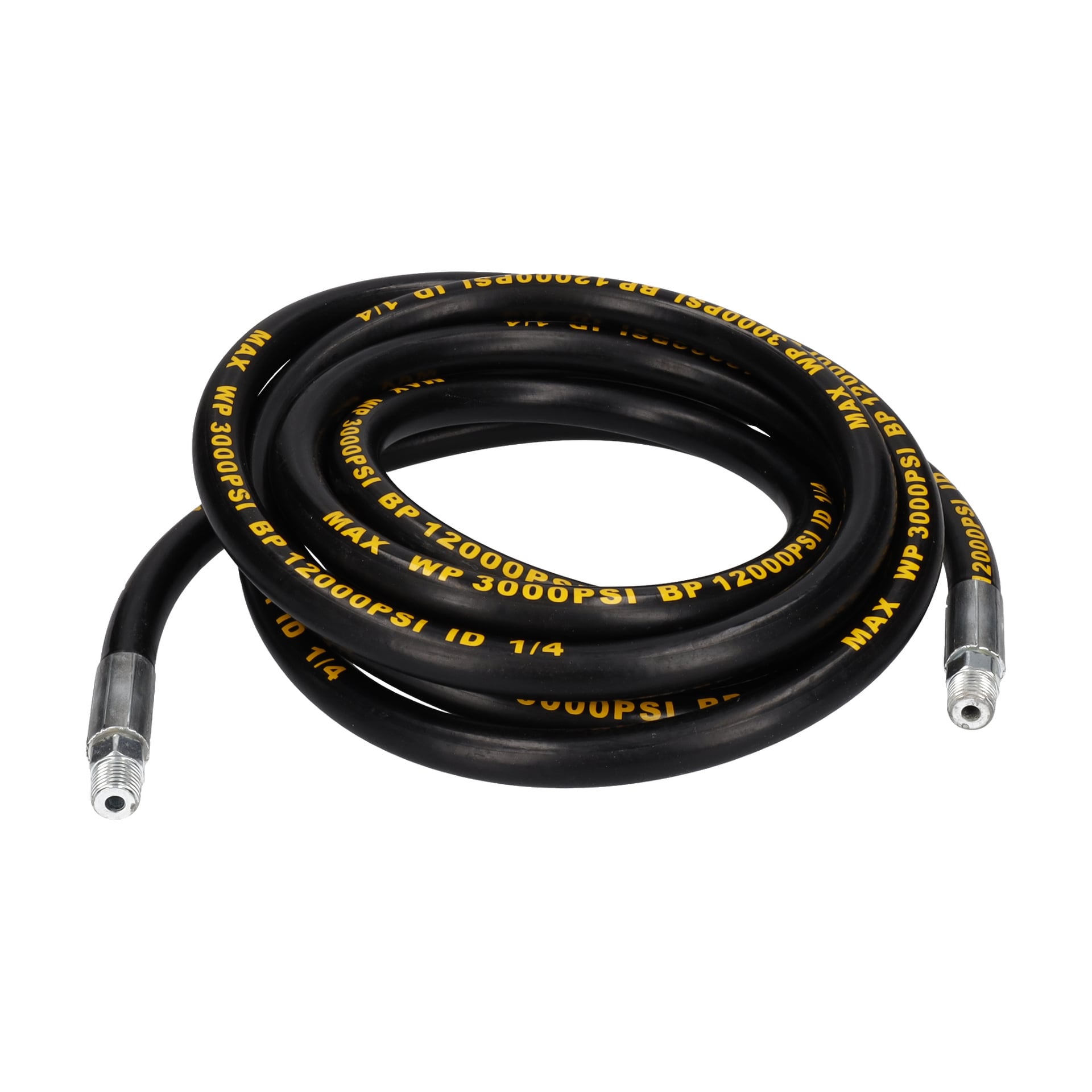 Spiralad svart hydraulslang med metallkopplingar i båda ändar och gula specifikationer tryckta längs dess längd: MAX WP 3000 PSI BP 12000 PSI 1/4.