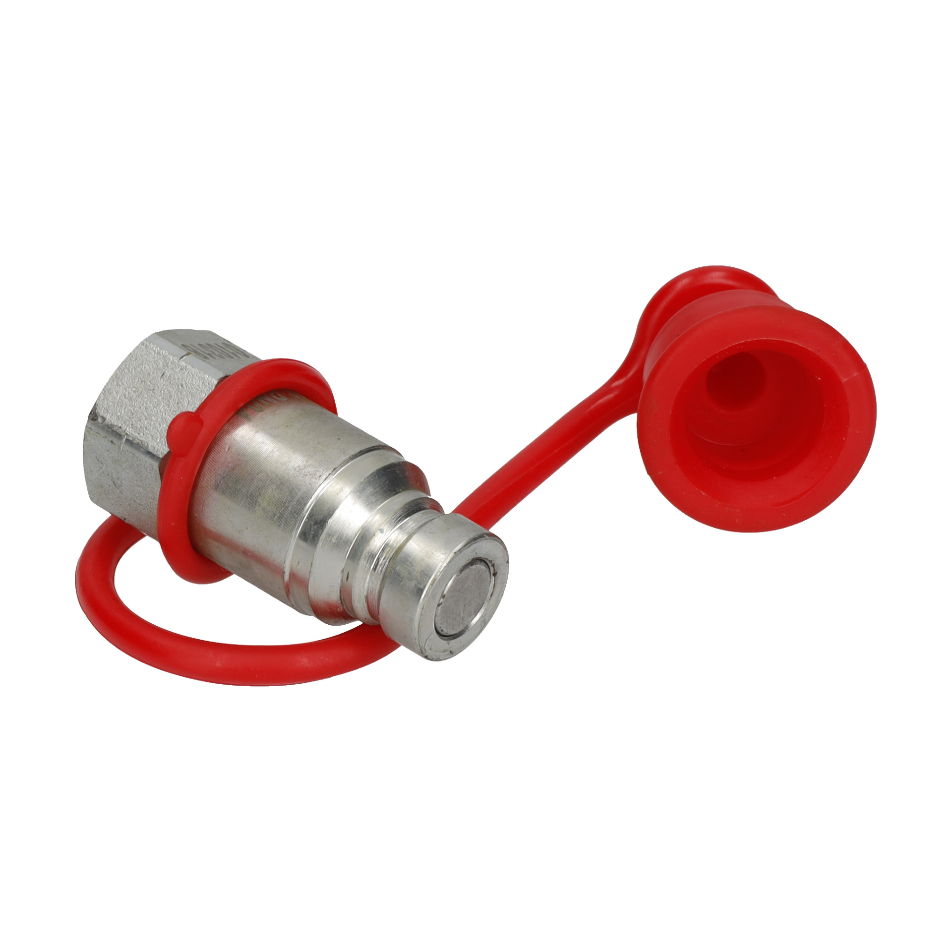 Koppling för hydraulisk slang hane: metallanslutning med snabbkoppling med ett rött plastlock som är fastsatt med en flexibel ögla.