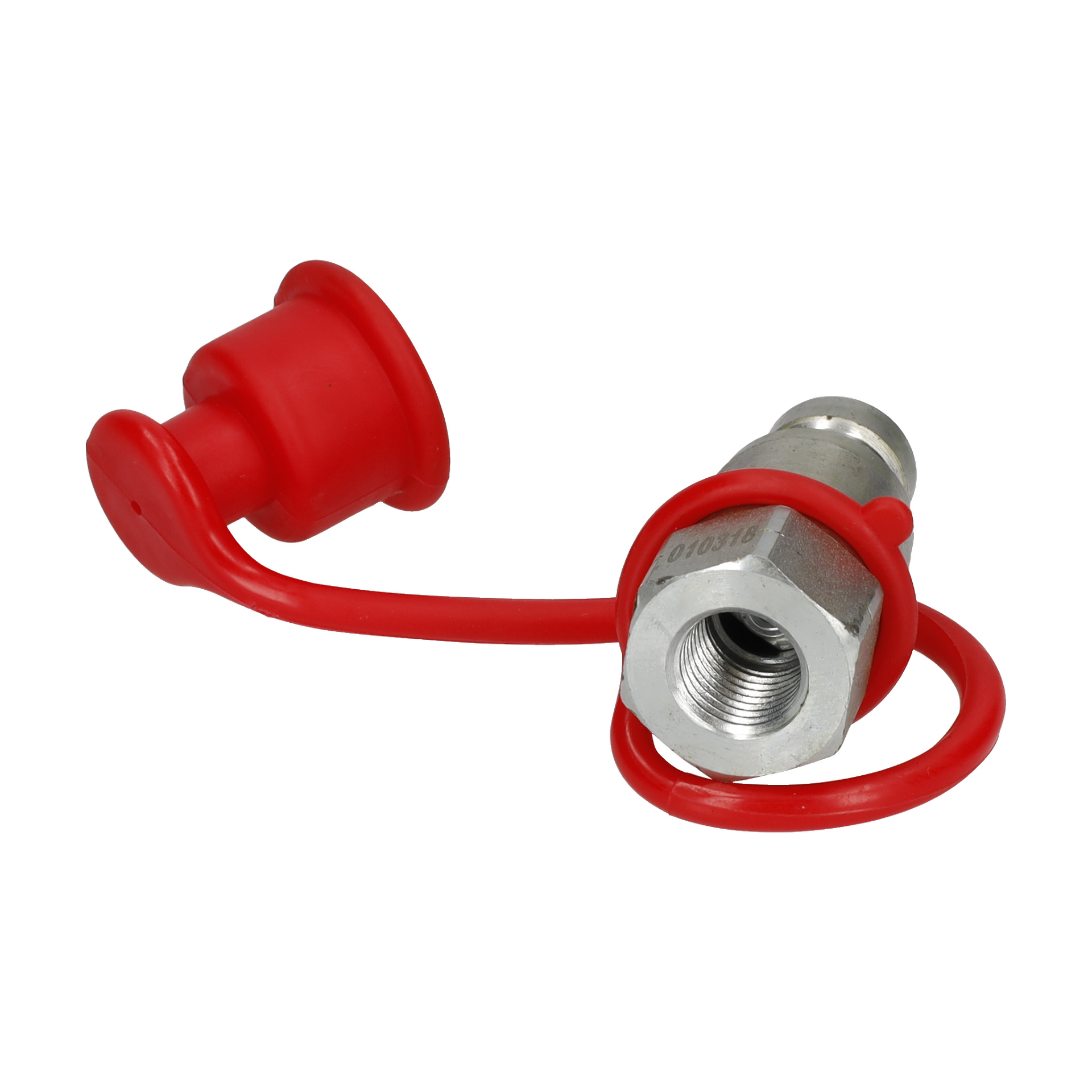 En metallhydraulisk slangkoppling med gängad ände och röd lock på en flexibel rem för att skydda öppningen när den inte används.