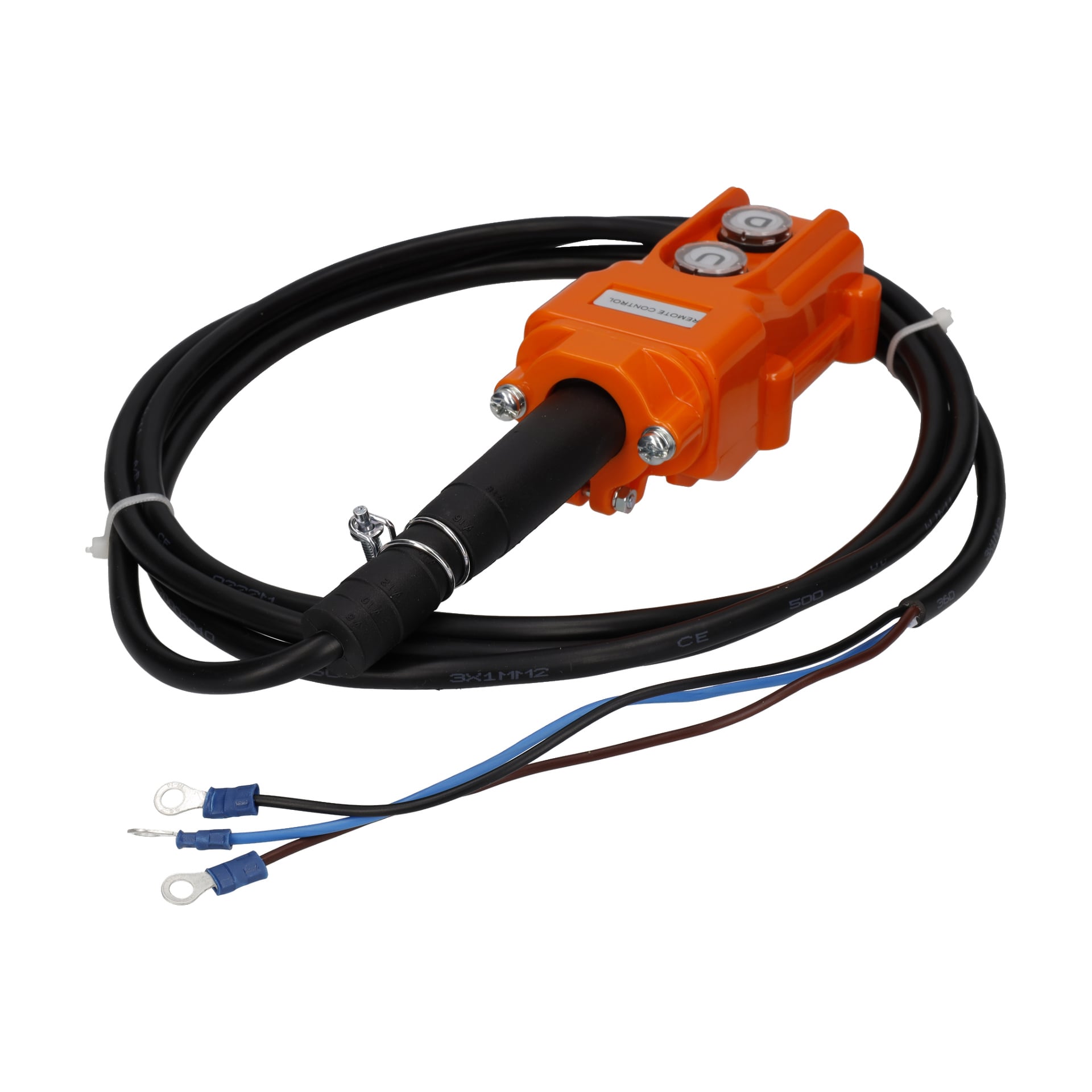 En fjärrstyrd billyft med orange sensor, svart kabel, två tryckmätare och tre trådar—brun, blå och svart.