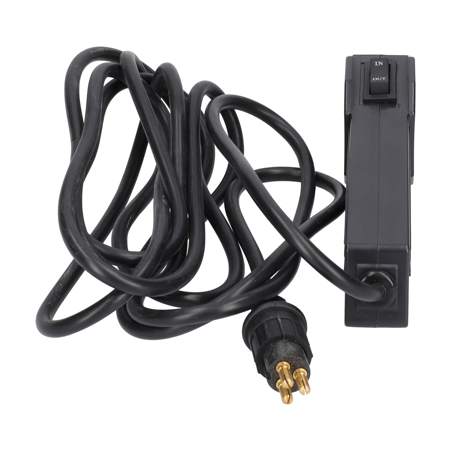En spiralad svart kabel för ett elektriskt vinschhandtag har en trestiftskontakt i ena änden och en strömbrytare märkt IN och OUTPUT i den andra.