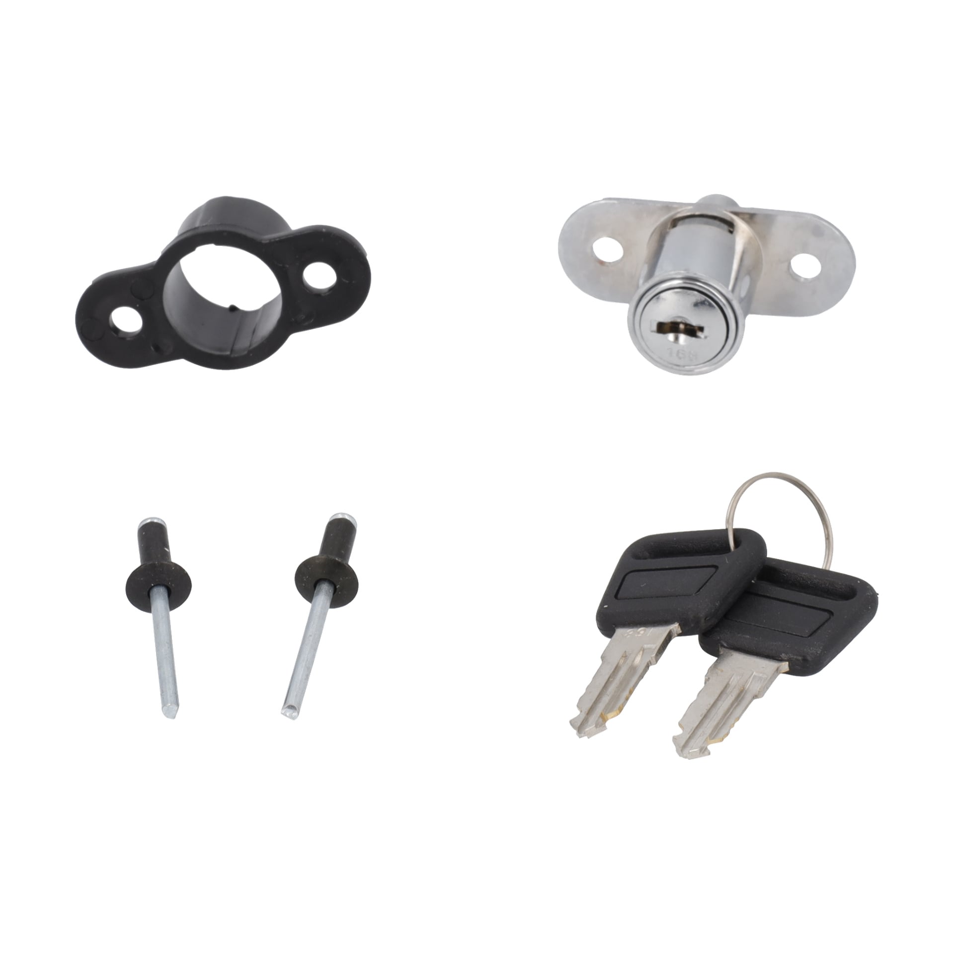 Låsdraget har ett litet svart och silverfärgat lås, två metallnitar med svarta lock, ett svart fäste och två nycklar på en nyckelring.
