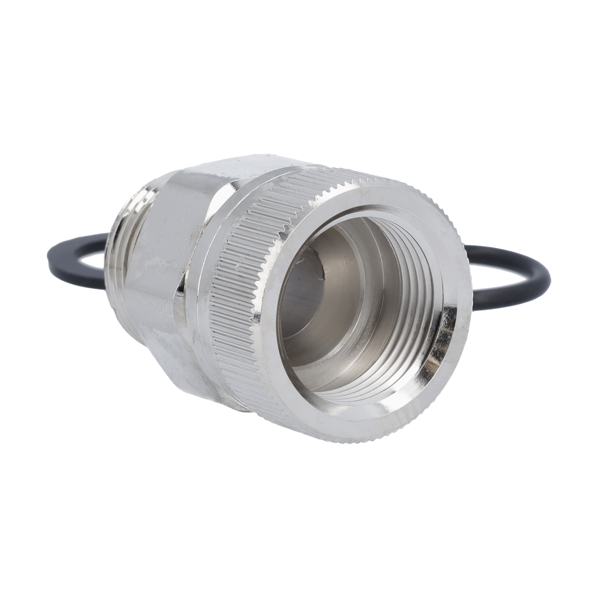 En närbild av Quick Coupling, som visar dess metalliska gängade kontakt med räfflad grepp och O-ringtätning.