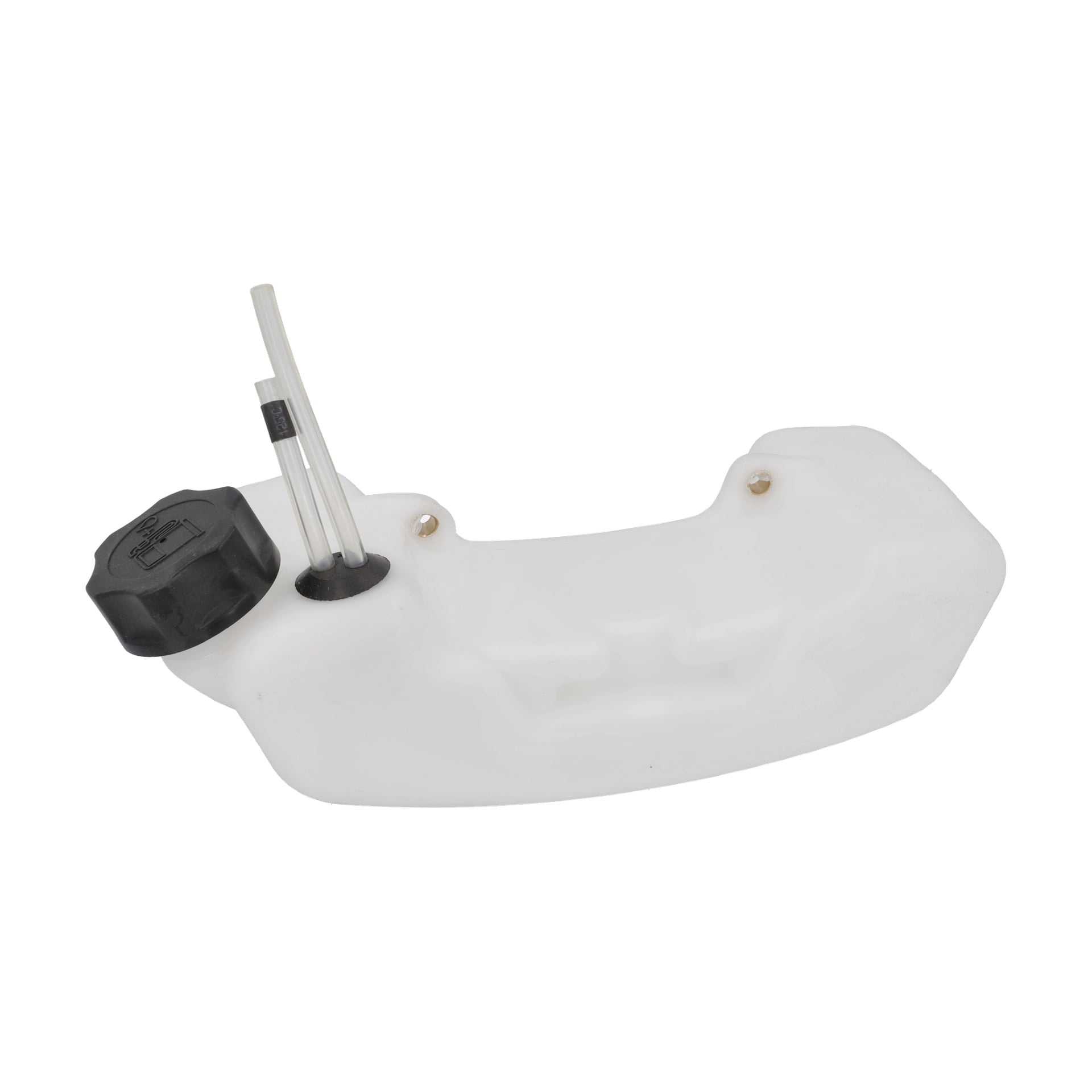 Genomskinlig vit plastbränsletank med svart skruvlock och två rör, designad för små motorer eller utomhusmotorer.